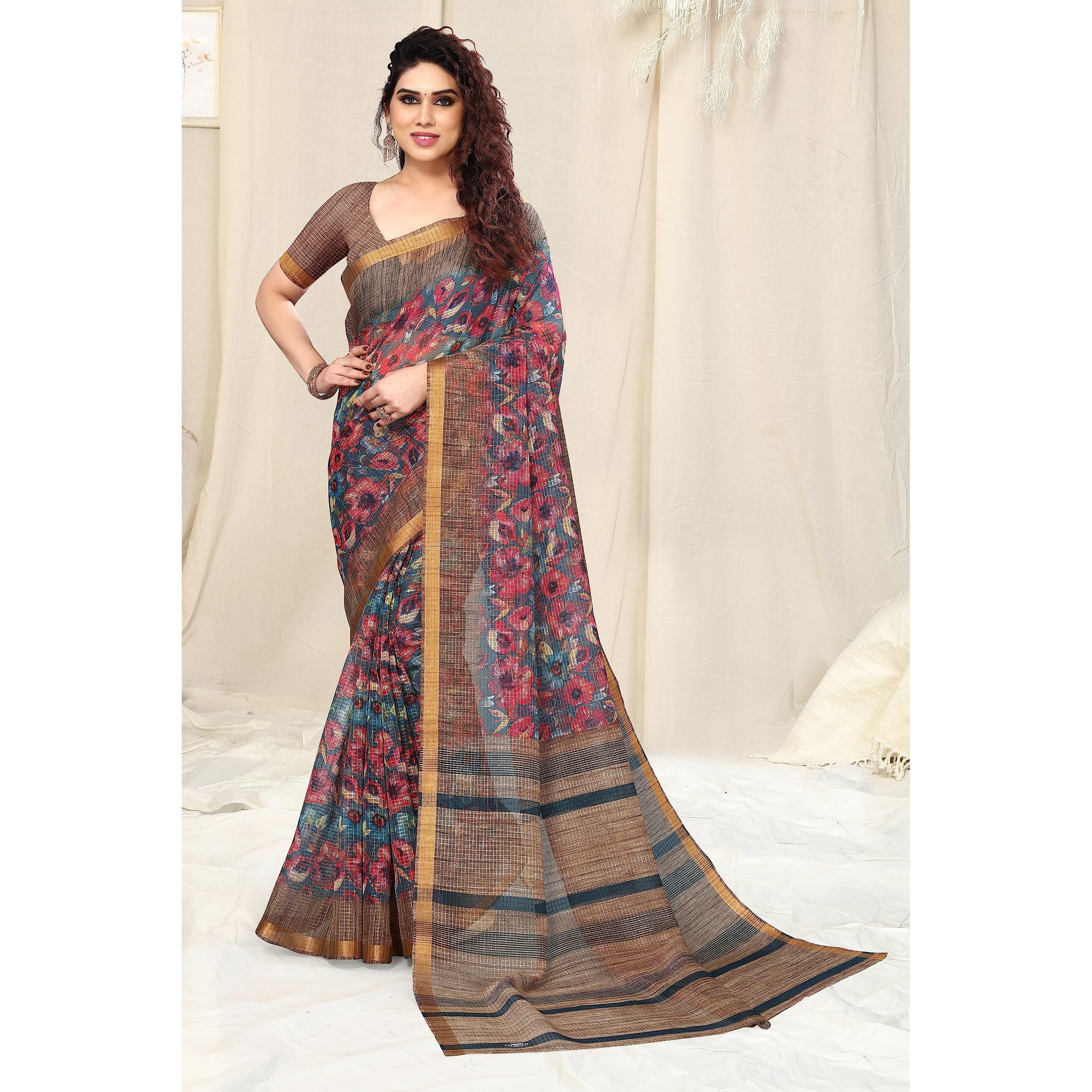 MIRCHI FASHION Womens Kota Doria Cotton Blend Floral Printed Saree with Blouse Piece (38565-Grey, Crimson)