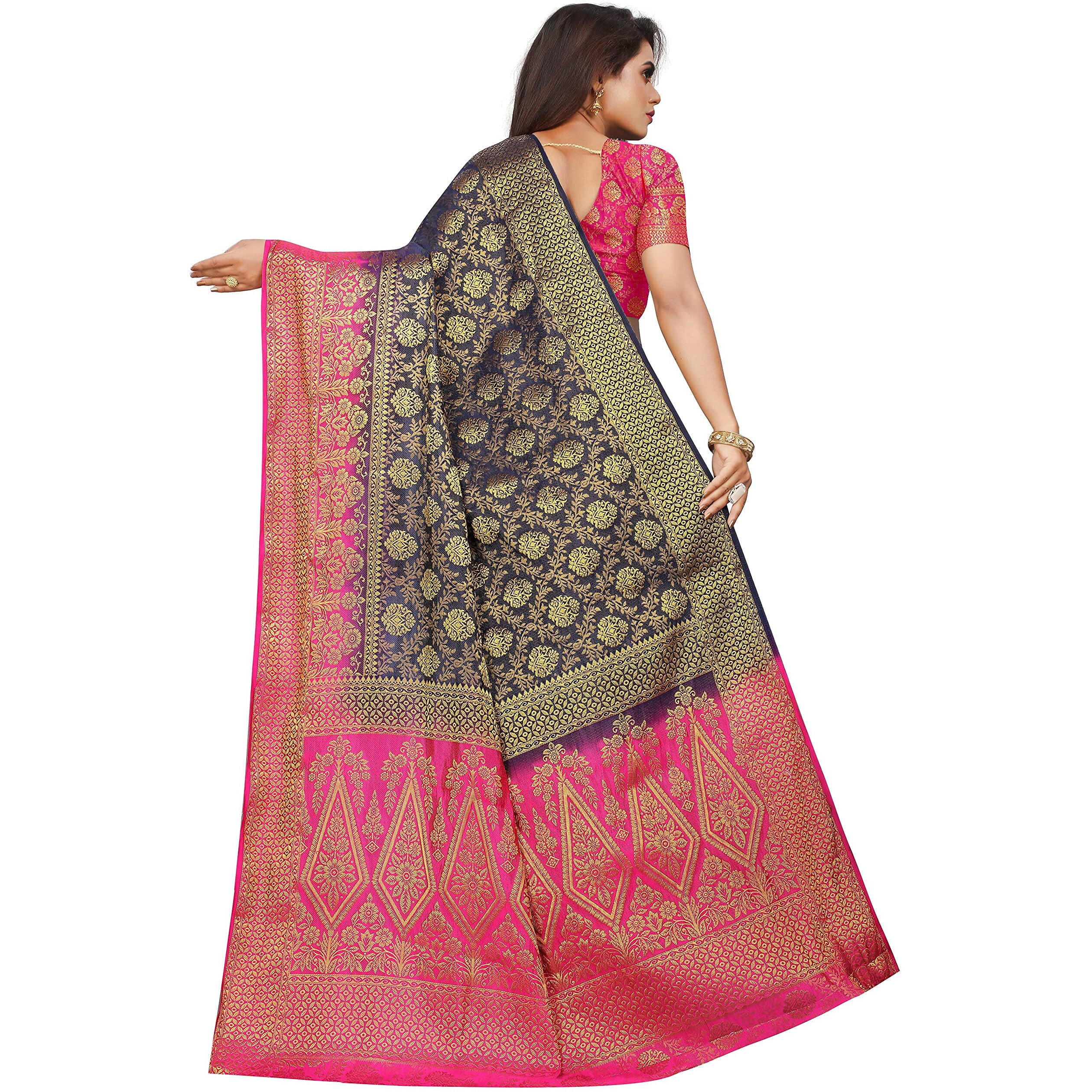 iZibra kanjivaram silk saree wedding cotton sarees for women Banarasi sadi original Kanchipuram pure sadi pattu sari with blouse piece 2023(Kismat-2 NavyBlue Pink)