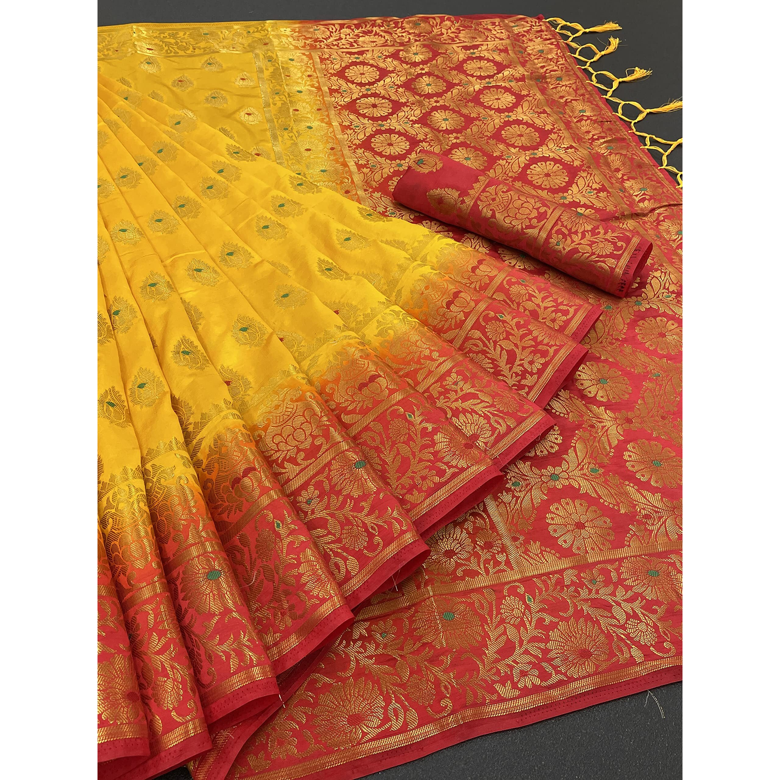 iZibra Women Kanjivaram Soft Saree Pattu Sarees Banarasi Sari Kanchipuram Pure Silk Design with Unstitched Blouse for Wedding sadi new ladies 2023(Kalashh)(Yellow)