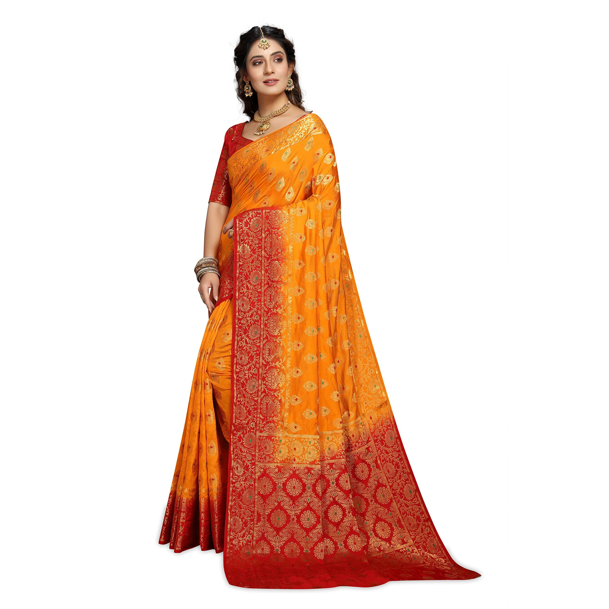 iZibra Women Kanjivaram Soft Saree Pattu Sarees Banarasi Sari Kanchipuram Pure Silk Design with Unstitched Blouse for Wedding sadi new ladies 2023(Kalashh)(Yellow)