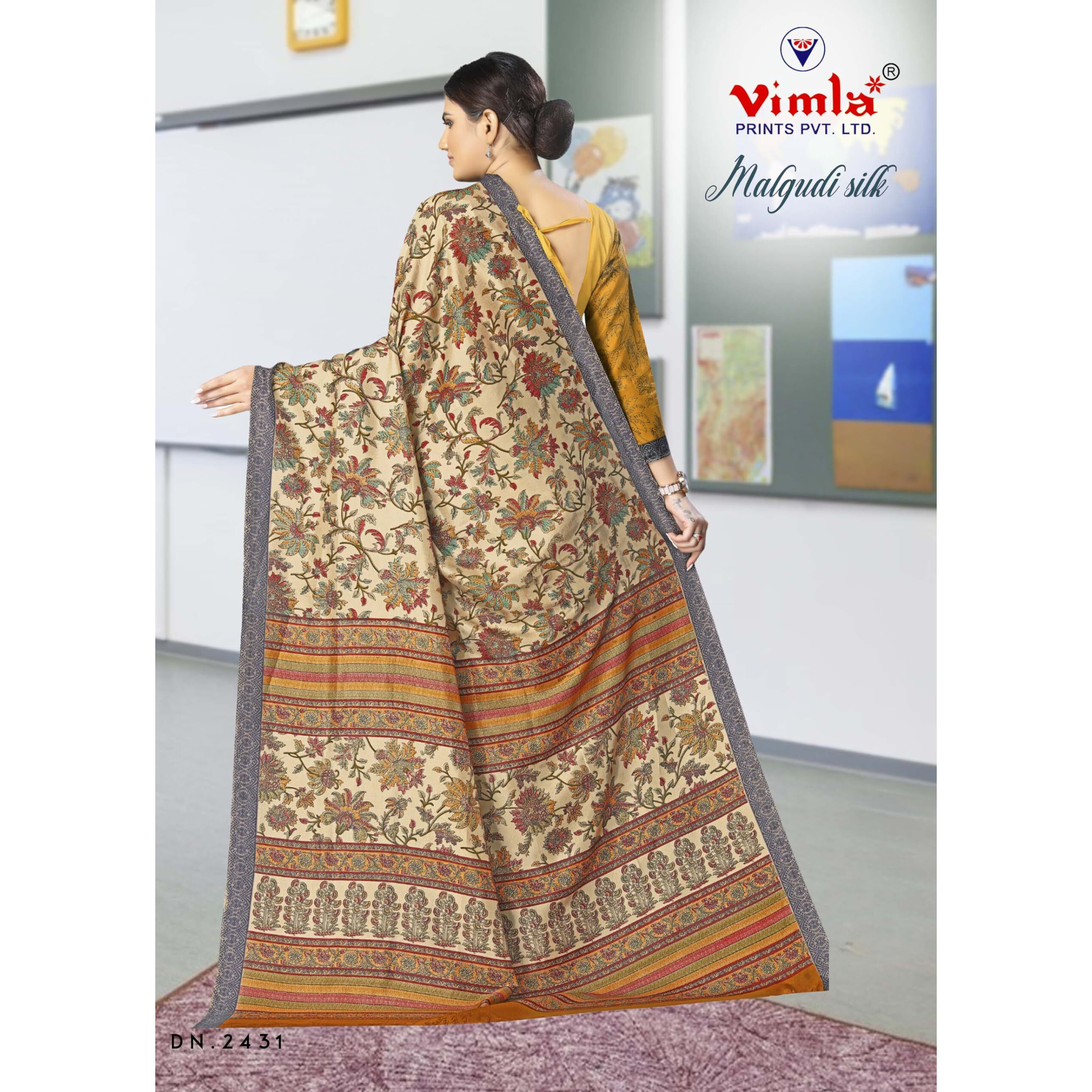 Vimla Womens Beige Malgudi Art Silk Uniform Saree with Blouse Piece (2431_Beige)