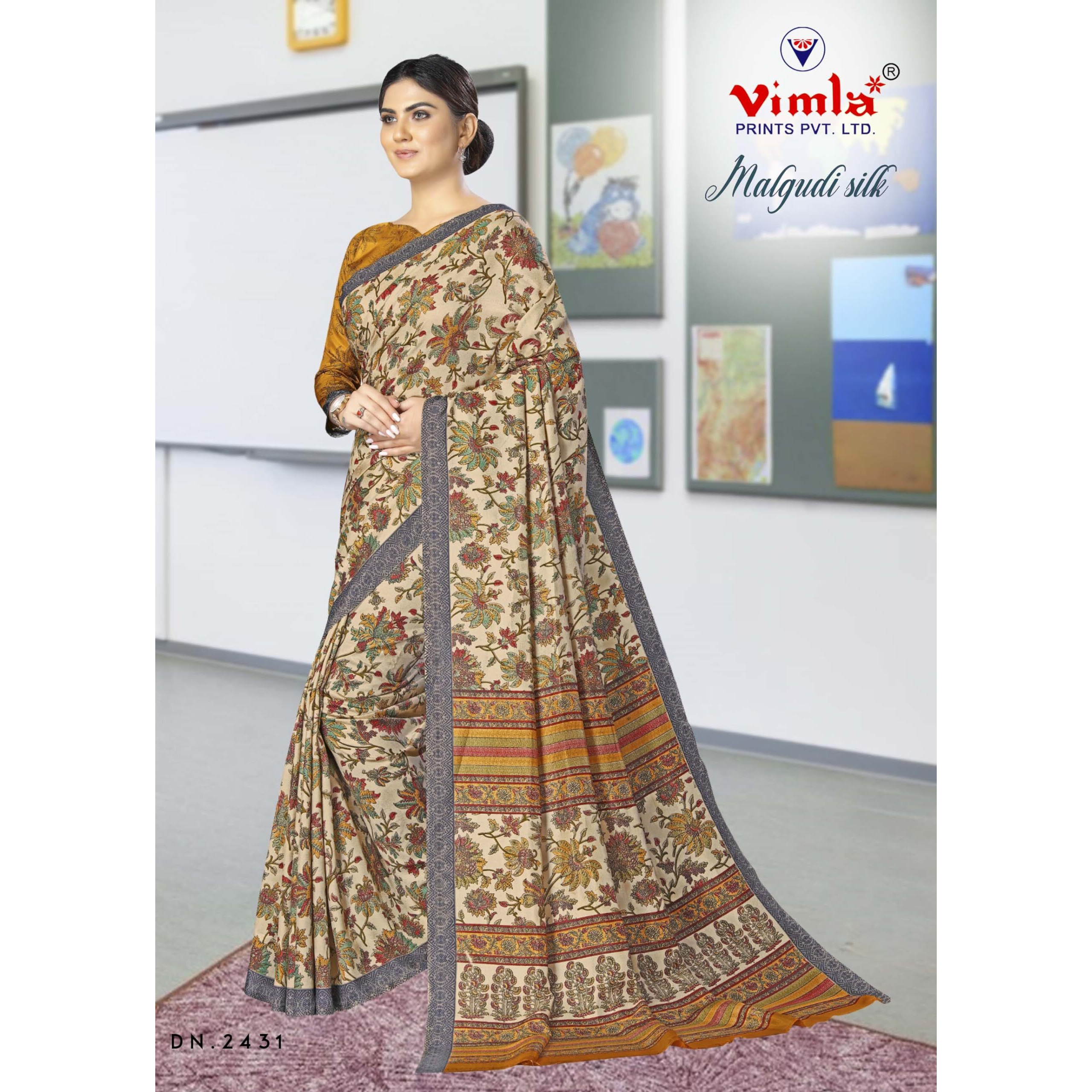 Vimla Womens Beige Malgudi Art Silk Uniform Saree with Blouse Piece (2431_Beige)