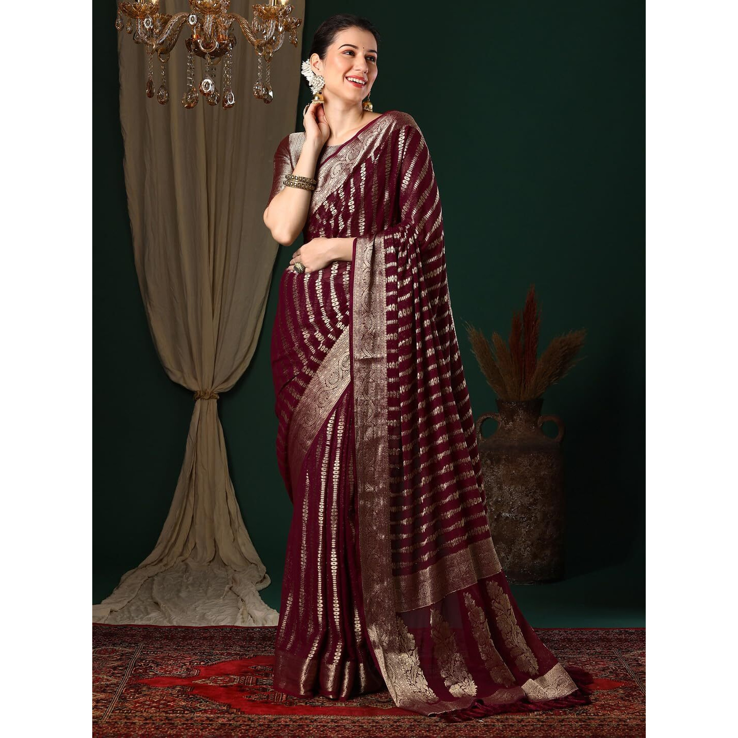 AKHILAM Womens Magenta Georgette Zari Woven Design Saree with Unstitched Blouse Piece (ARYA2901_FL)