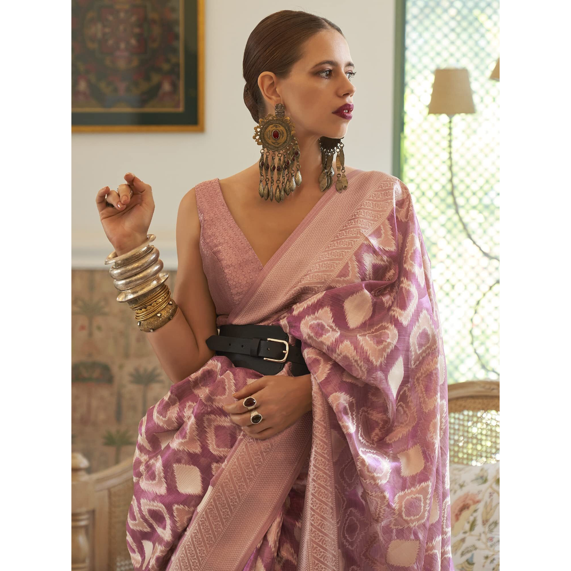 AKHILAM Womens Kalki Koechlin Banarasi Tissue Silk Saree With Unstitched Blouse Piece (Lavendar_KALKITS312002_RJ)