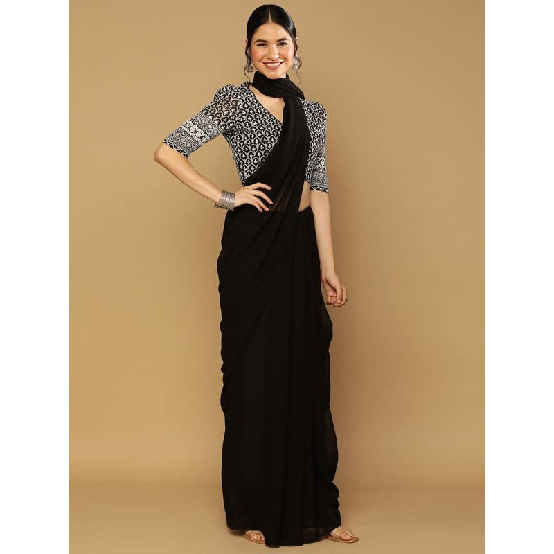 Satrani Womens Knit Pure Georgette Saree (2629S102N_Black)