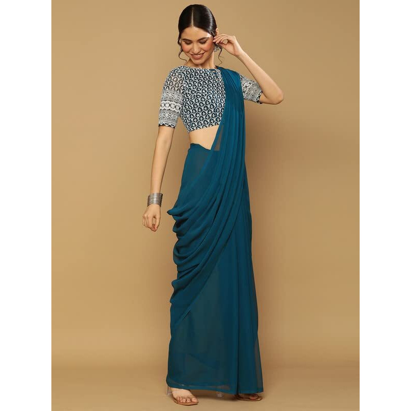 Satrani Womens Knit Pure Georgette Saree (2629S104N_Teal Green)