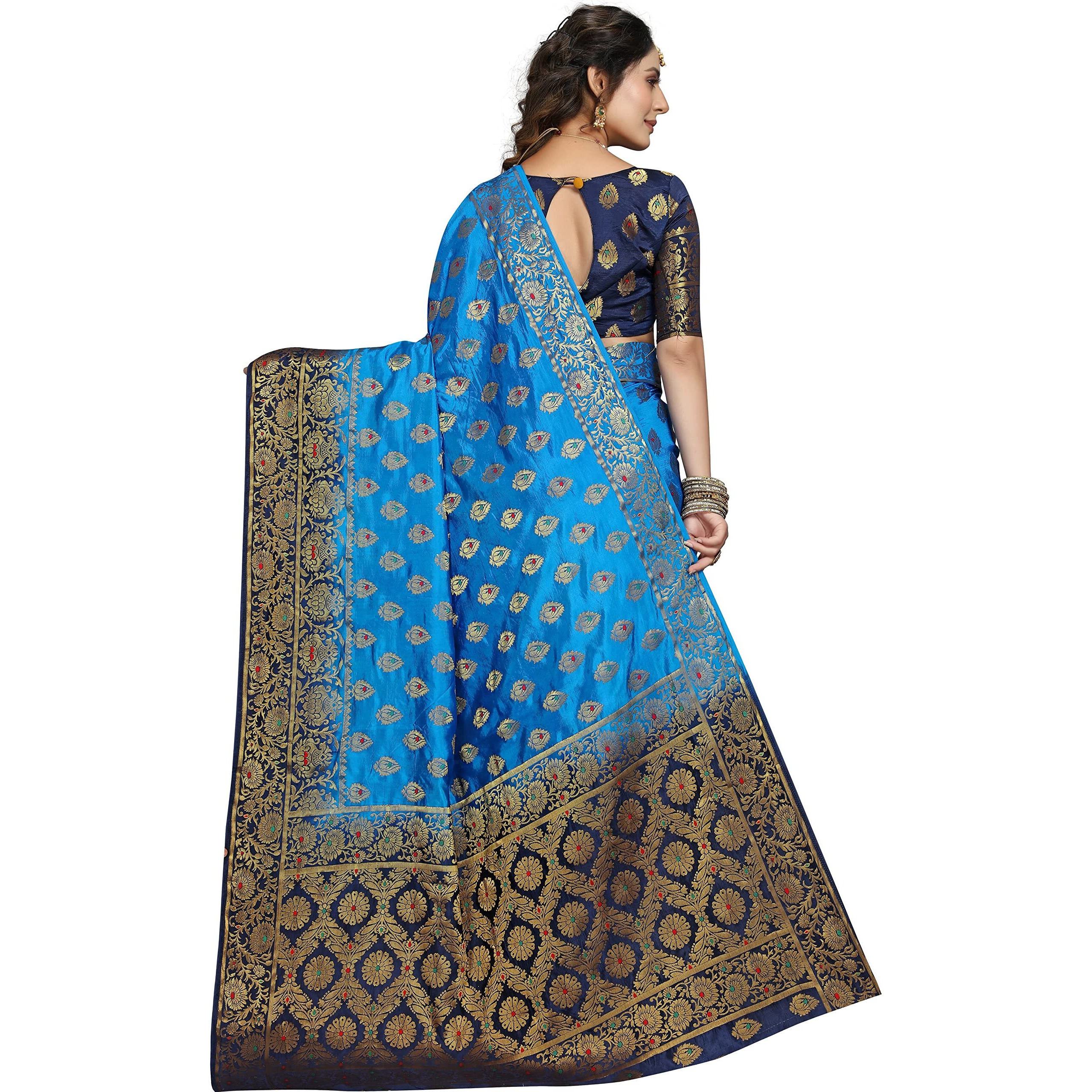 iZibra Women Wear Kanjivaram Silk Saree Fabric Floral Design Pure Banarasi Soft Collection Sadi New Ladies with Unstitched Blouse Piece 2023 (SkyBlue)