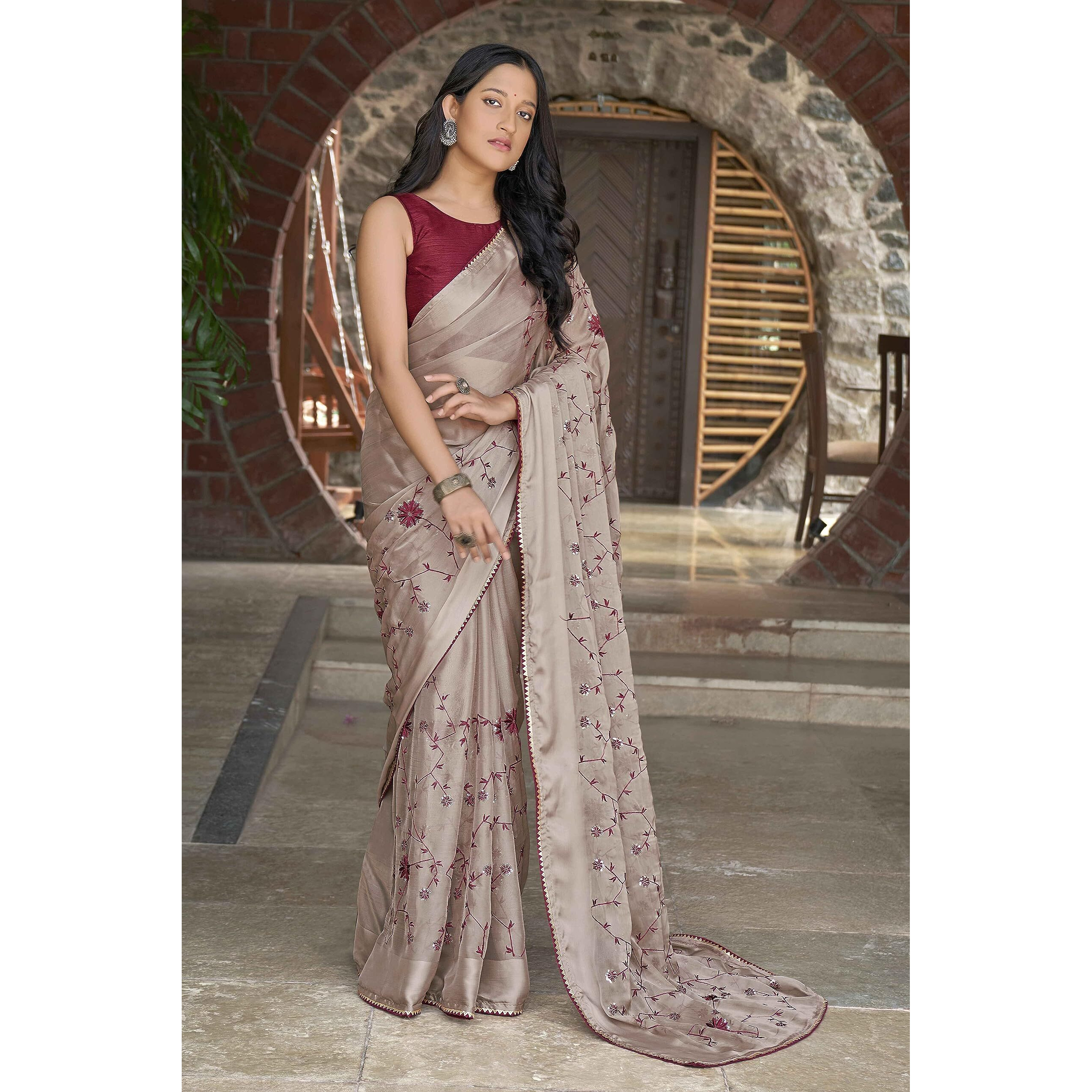 MANOHARI Beige Poly Georgette Sequence And Embroidery Saree With Blouse Piece_Mn1842-1 - Women