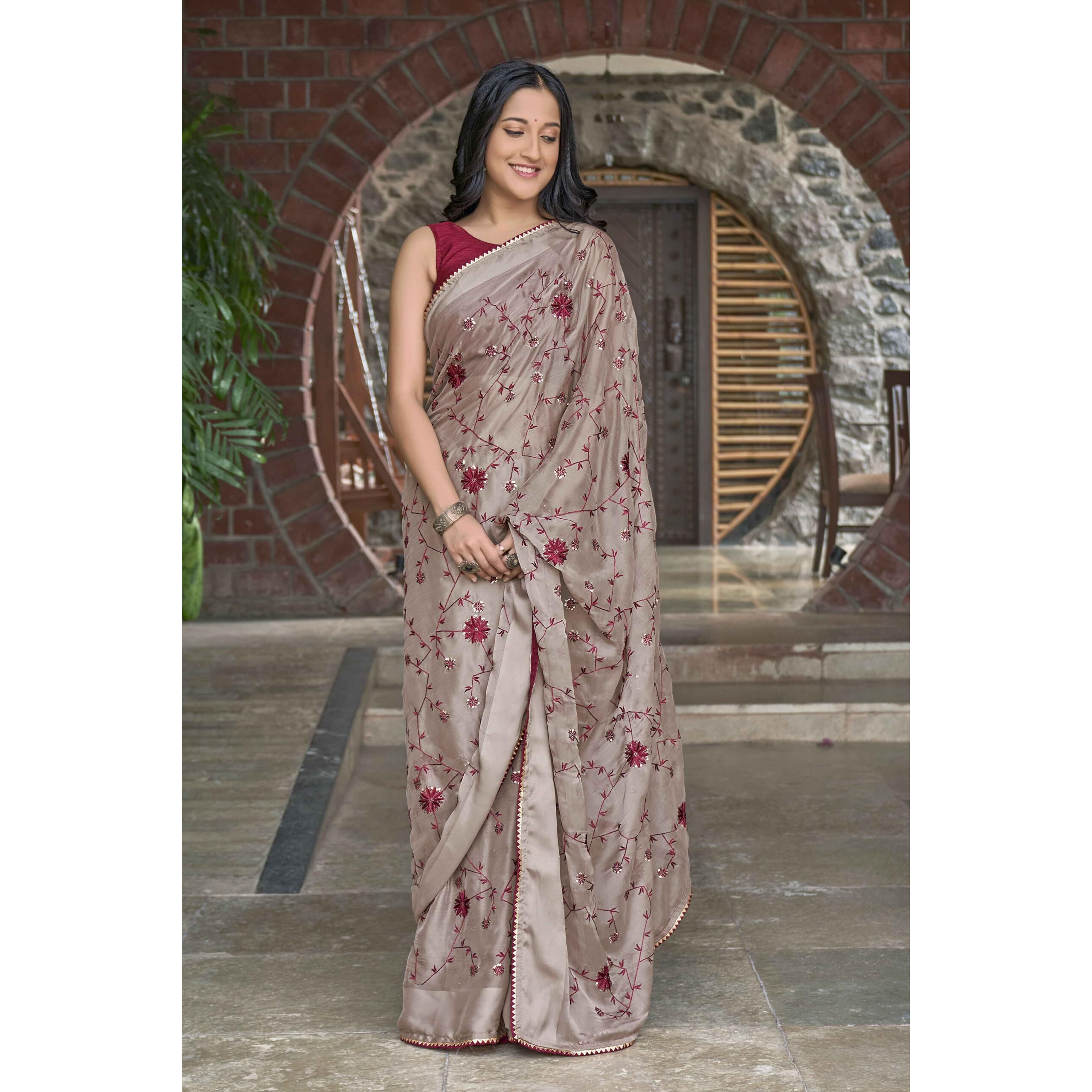 MANOHARI Beige Poly Georgette Sequence And Embroidery Saree With Blouse Piece_Mn1842-1 - Women