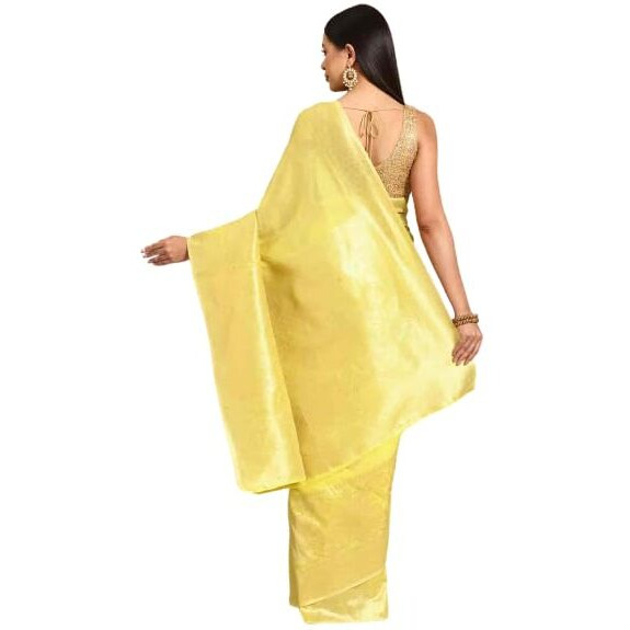 SILK LAND Womens Cotton Kota Silk Gold Copper Zari Saree With Unstitched Blouse Piece(Yellow)