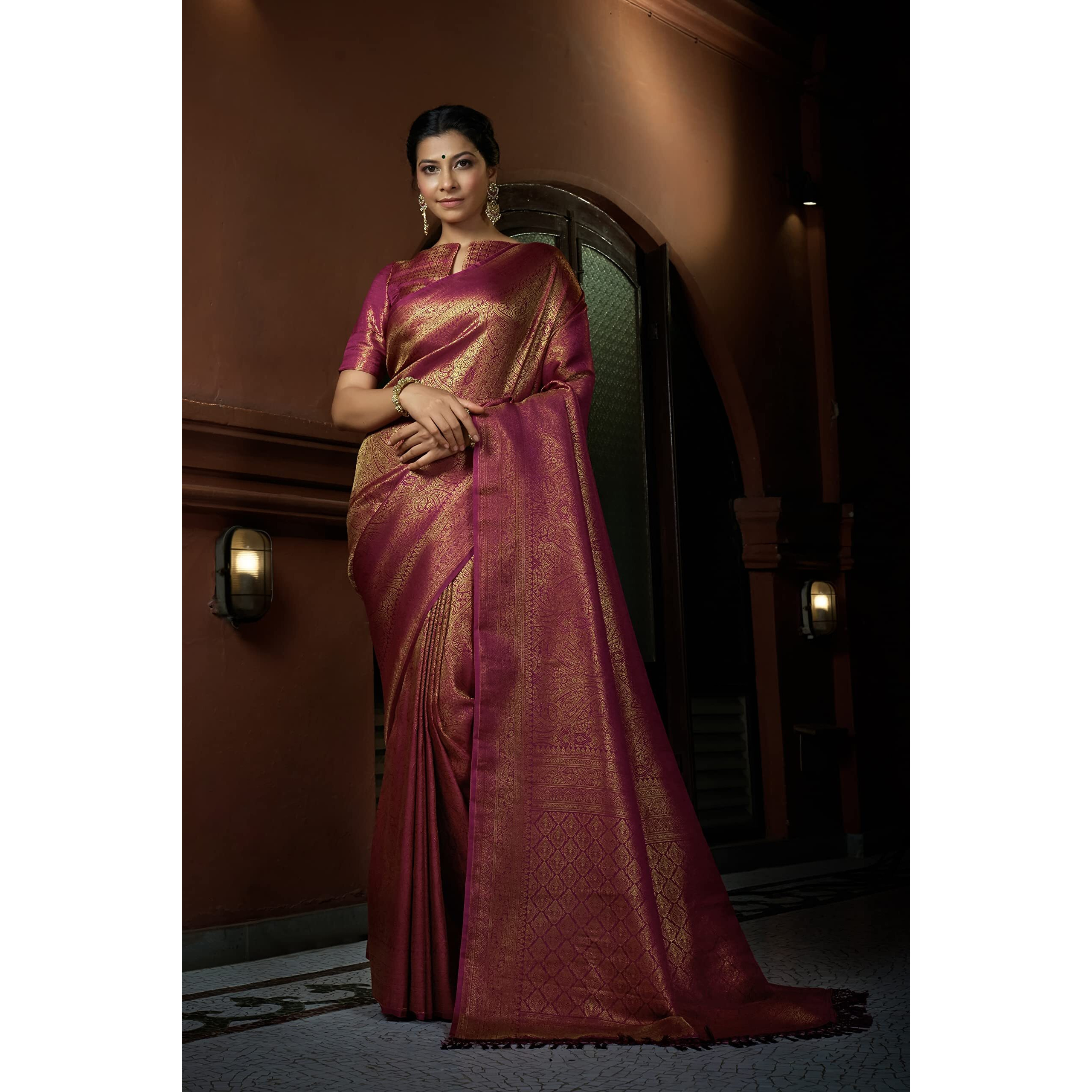 Vardha Womens Kanchipuram Art Silk Saree with Unstitched Blouse Piece - Zari Woven Work Sarees for Wedding (Asya Silk, 388, Wine)