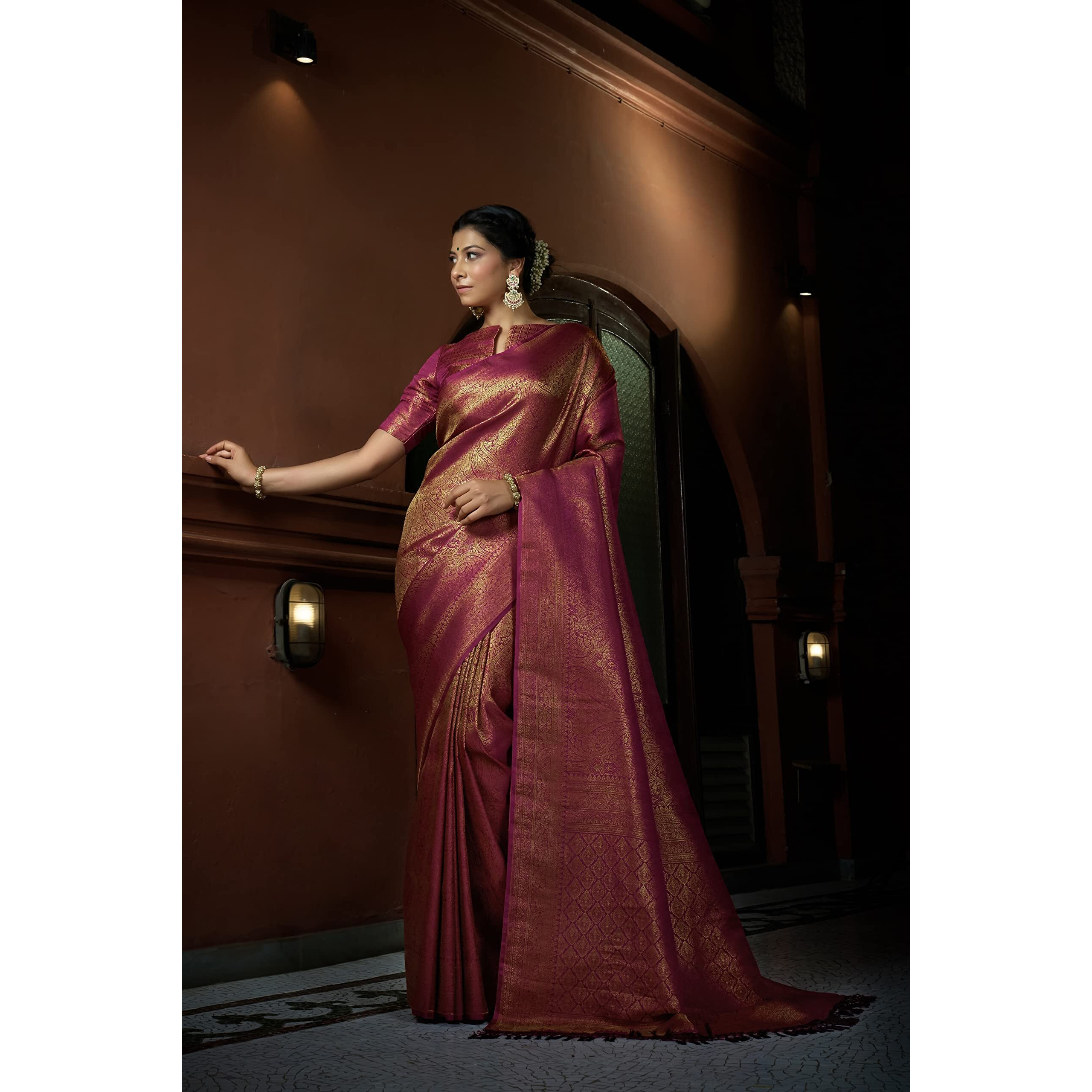 Vardha Womens Kanchipuram Art Silk Saree with Unstitched Blouse Piece - Zari Woven Work Sarees for Wedding (Asya Silk, 388, Wine)