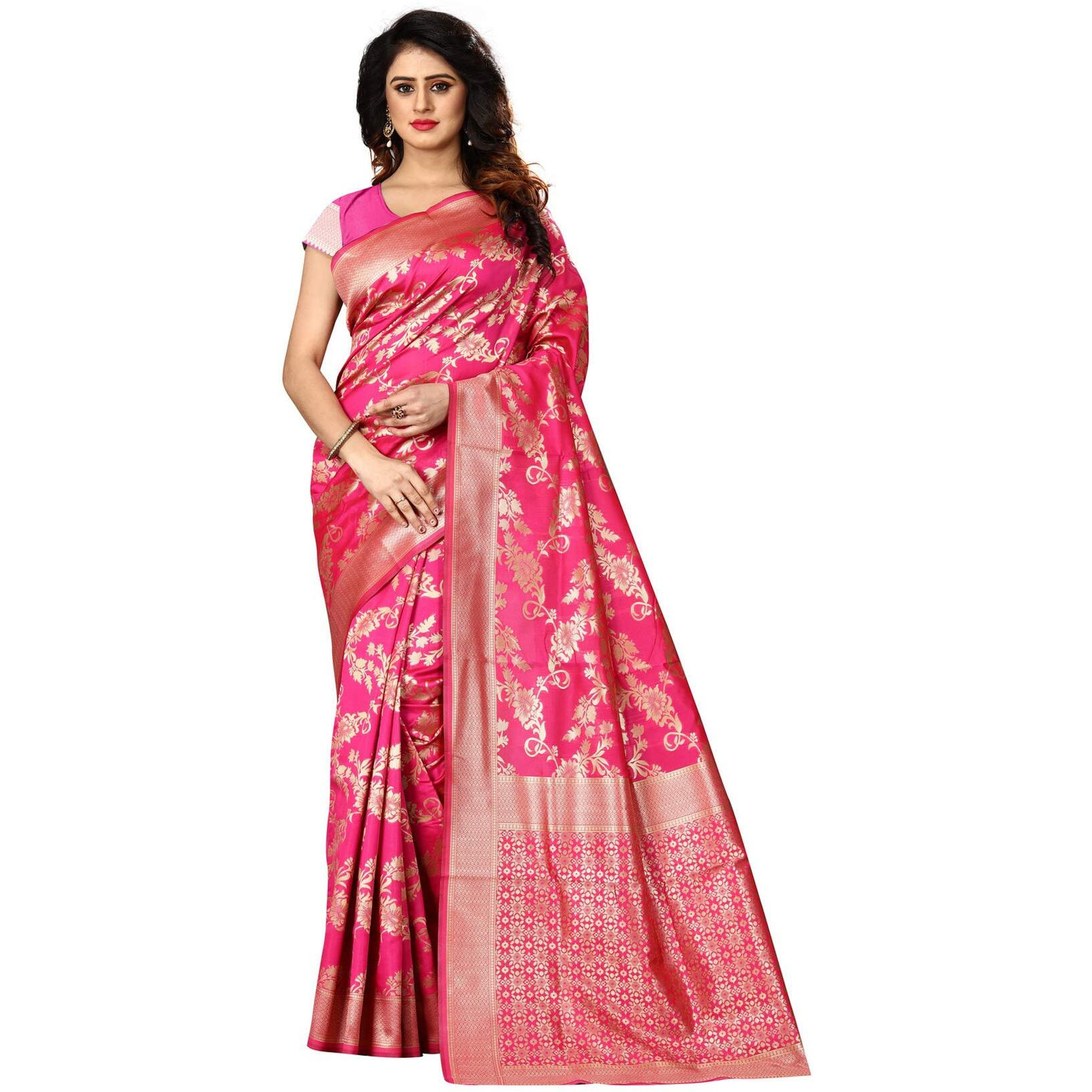 Shasmi Rani Pink and Golden Silk Blend Kanchipuram Jacquard Woven Designing Saree for Women (San Pari 37