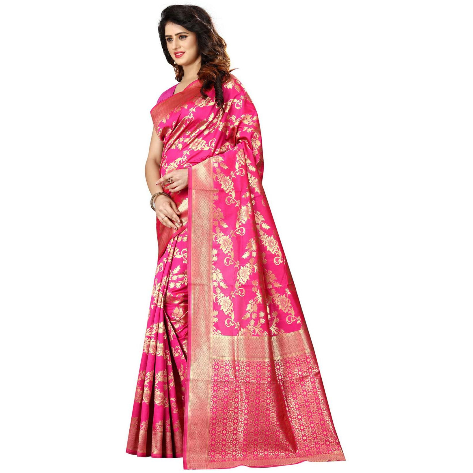 Shasmi Rani Pink and Golden Silk Blend Kanchipuram Jacquard Woven Designing Saree for Women (San Pari 37