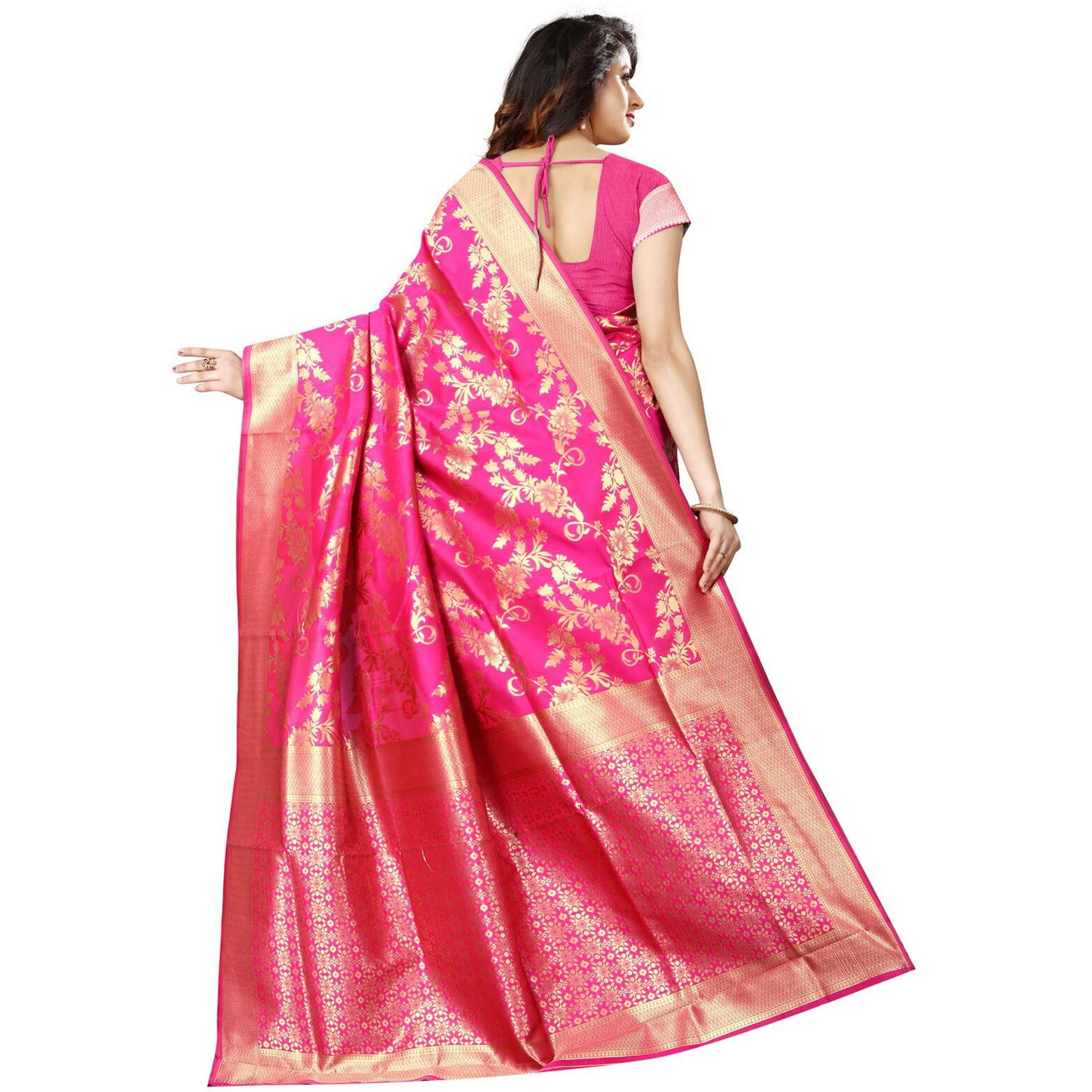 Shasmi Rani Pink and Golden Silk Blend Kanchipuram Jacquard Woven Designing Saree for Women (San Pari 37