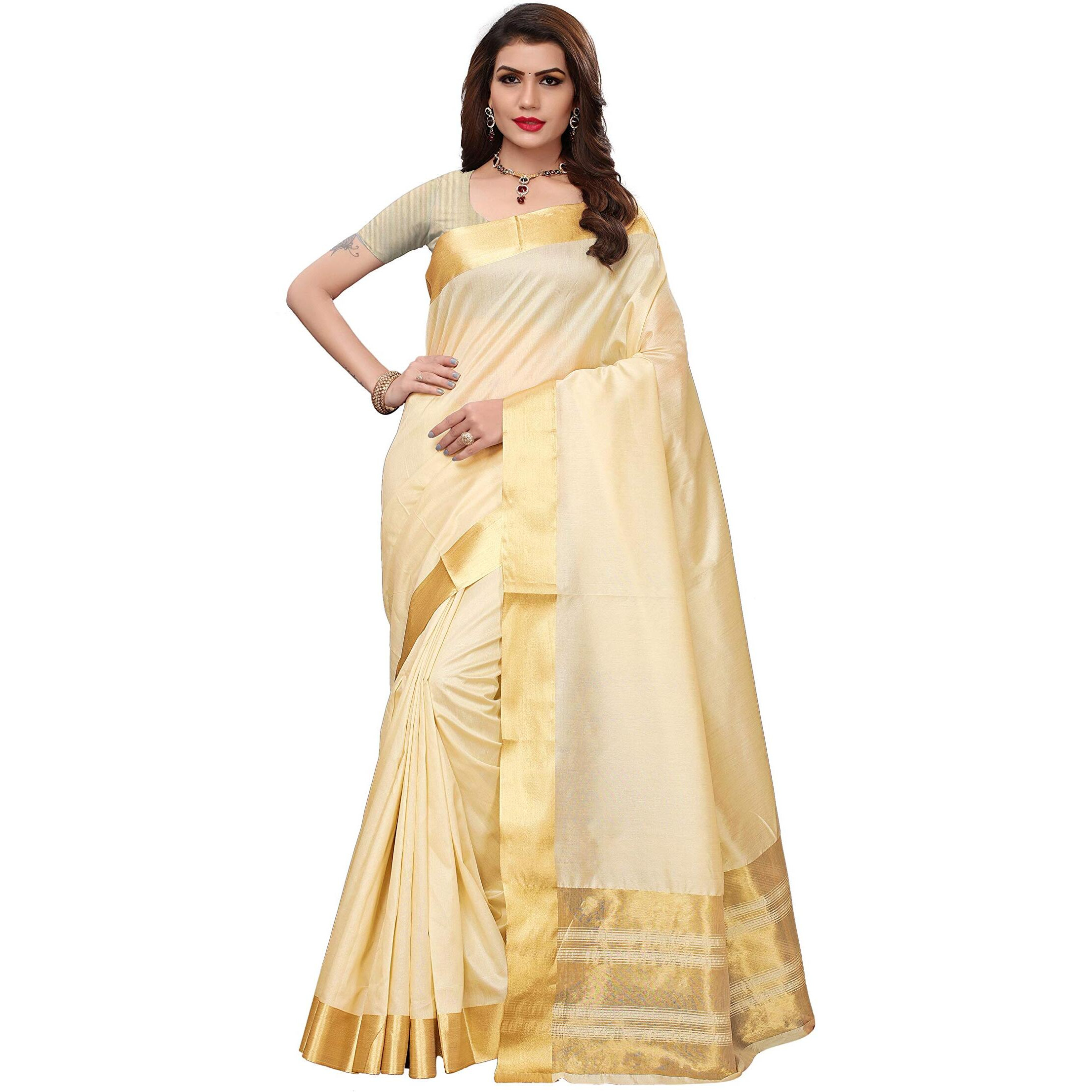 Maxis Womens Cotton Silk Saree With Blouse Piece (SSC_KRLCTN_CREAM_Ivory, Cream)