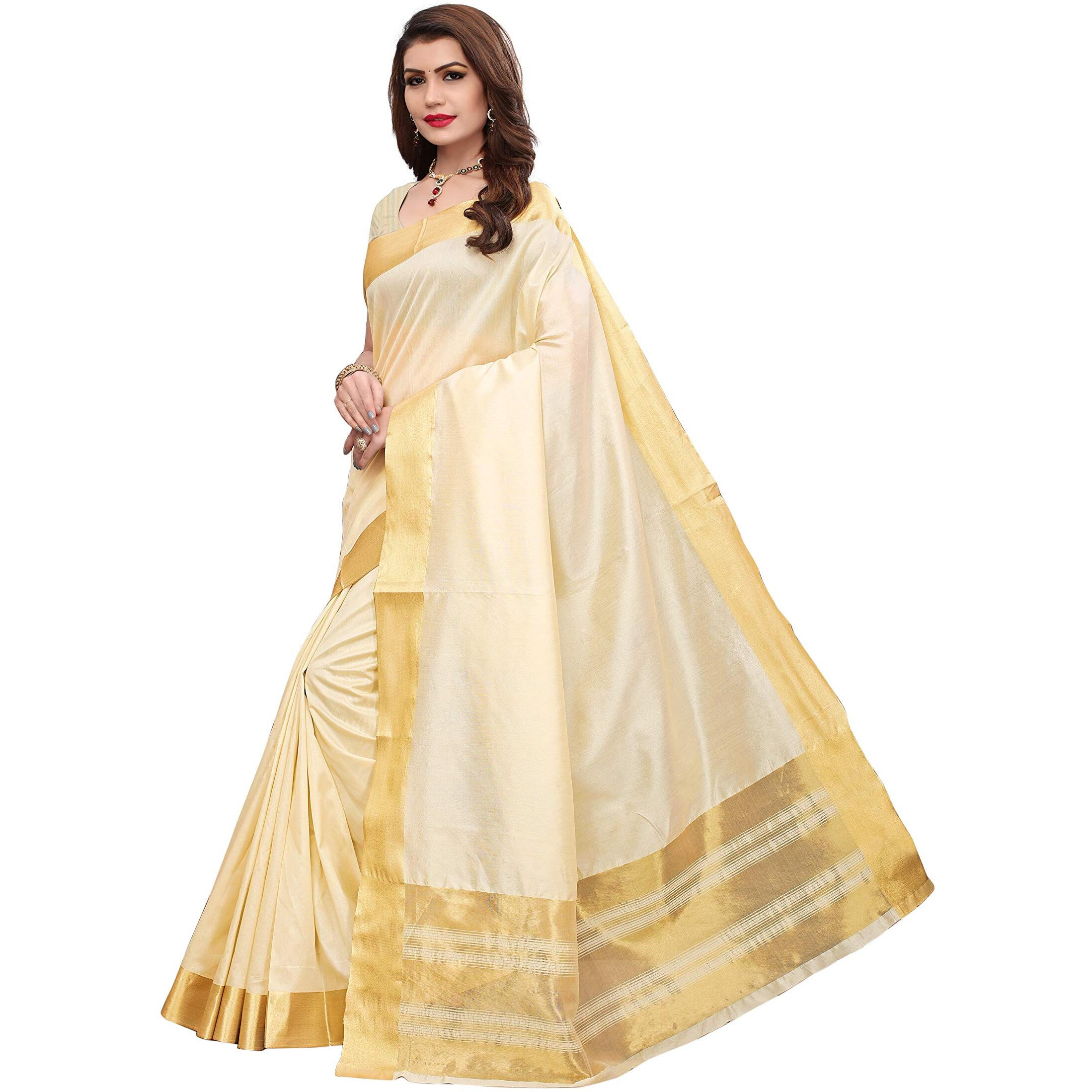 Maxis Womens Cotton Silk Saree With Blouse Piece (SSC_KRLCTN_CREAM_Ivory, Cream)