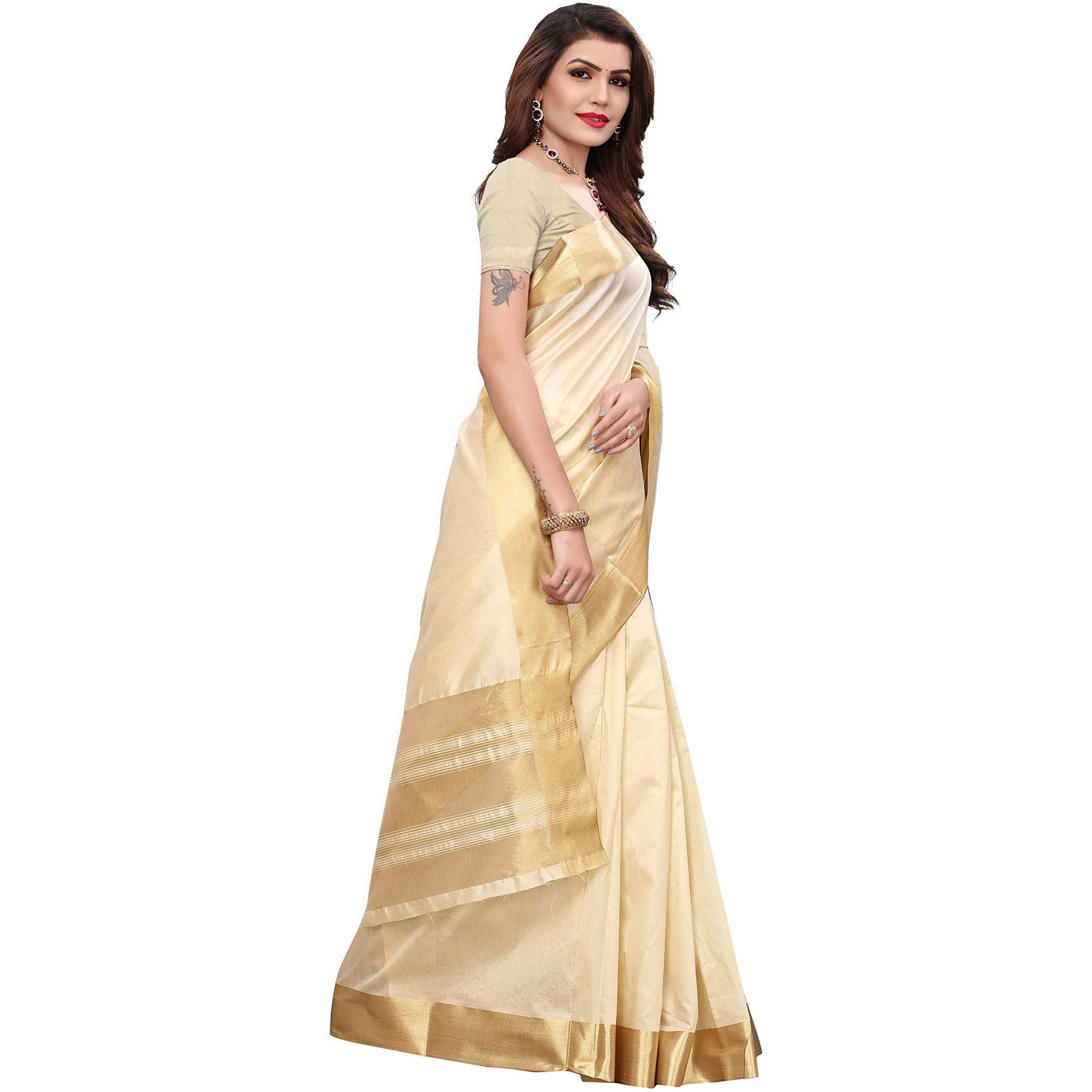 Maxis Womens Cotton Silk Saree With Blouse Piece (SSC_KRLCTN_CREAM_Ivory, Cream)