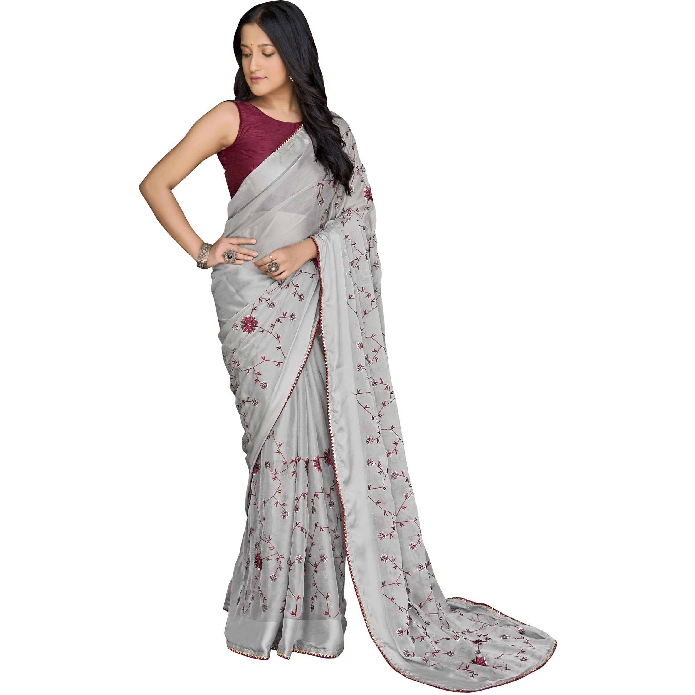 MANOHARI Grey Poly Georgette Sequence And Embroidery Saree With Blouse Piece_Mn1921 - Women