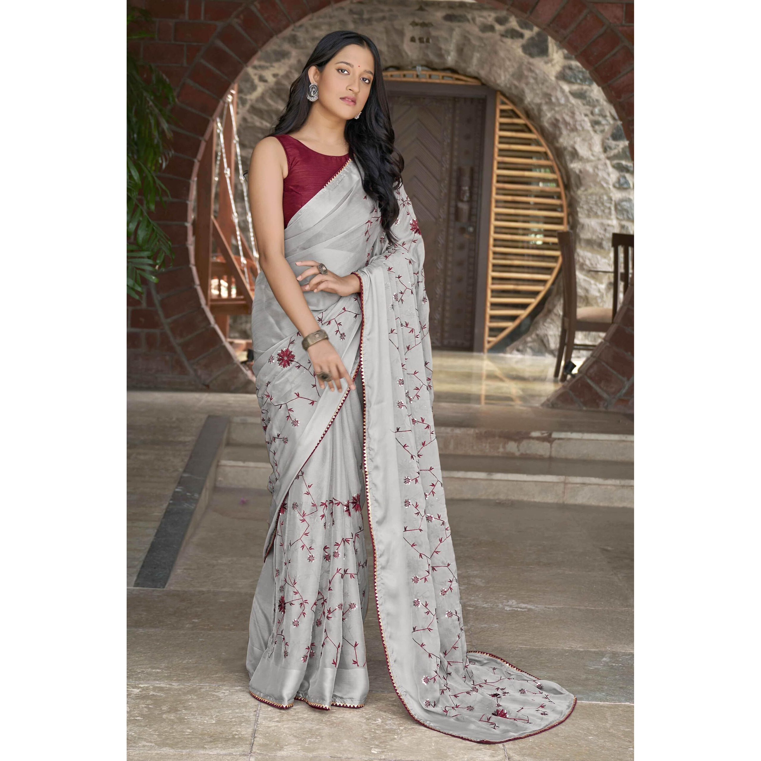 MANOHARI Grey Poly Georgette Sequence And Embroidery Saree With Blouse Piece_Mn1921 - Women