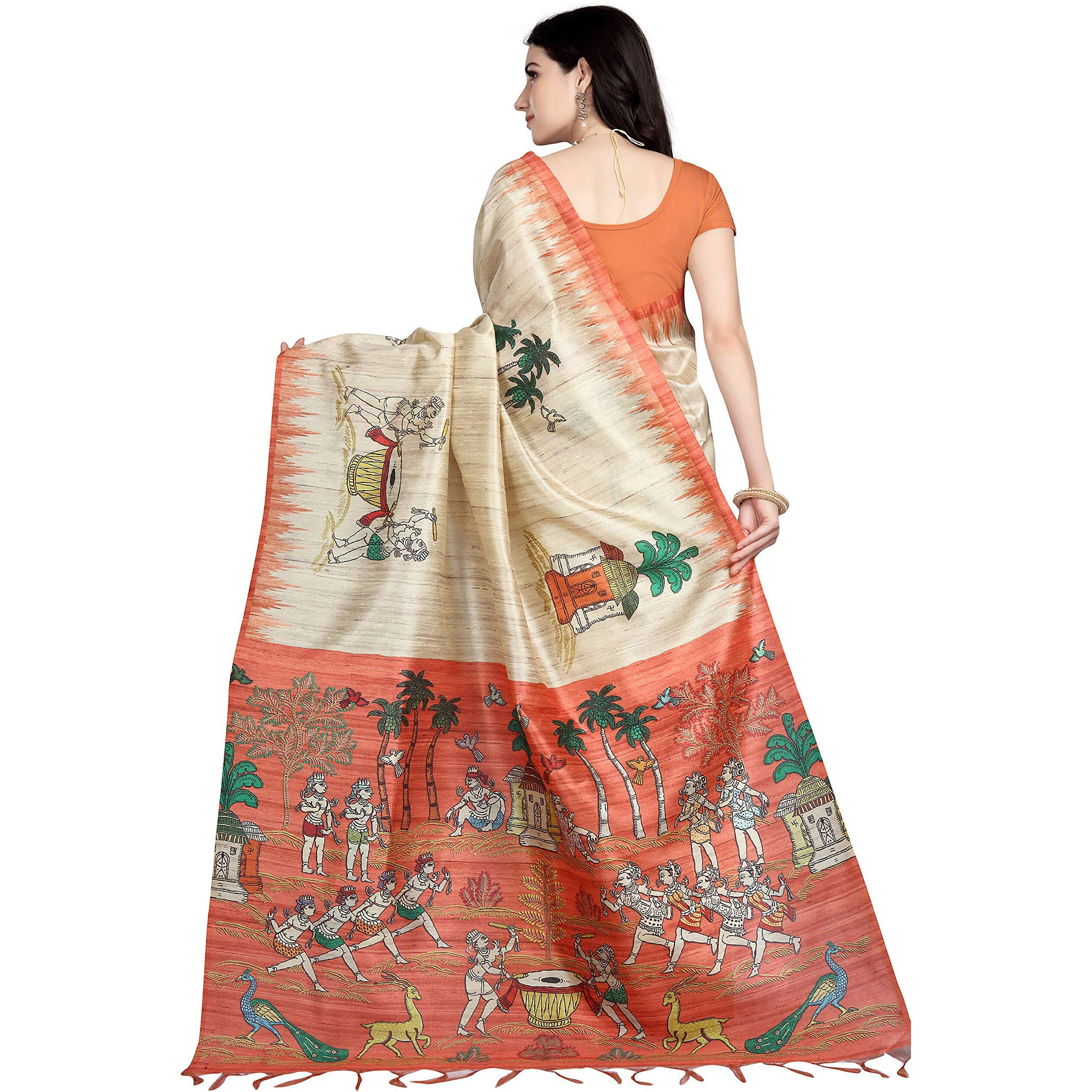 RANI SAAHIBA Womens Printed Art Tussar Silk Bhagalpuri Saree With Blouse Piece (SKR6709_Beige-Orange)