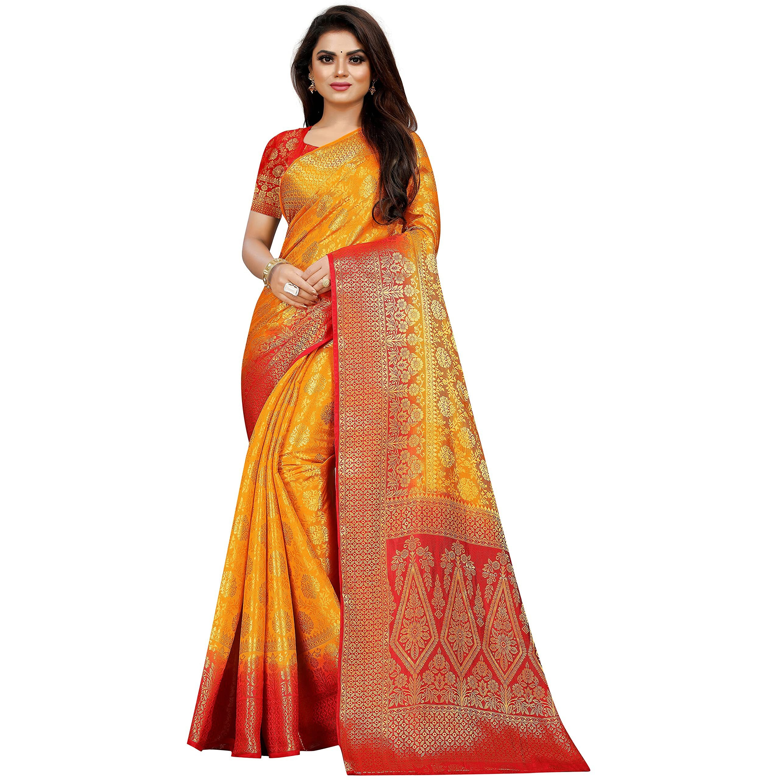 iZibra kanjivaram silk saree wedding cotton sarees for women Banarasi sadi original Kanchipuram pure sadi pattu sari with blouse piece 2023(Yellow)