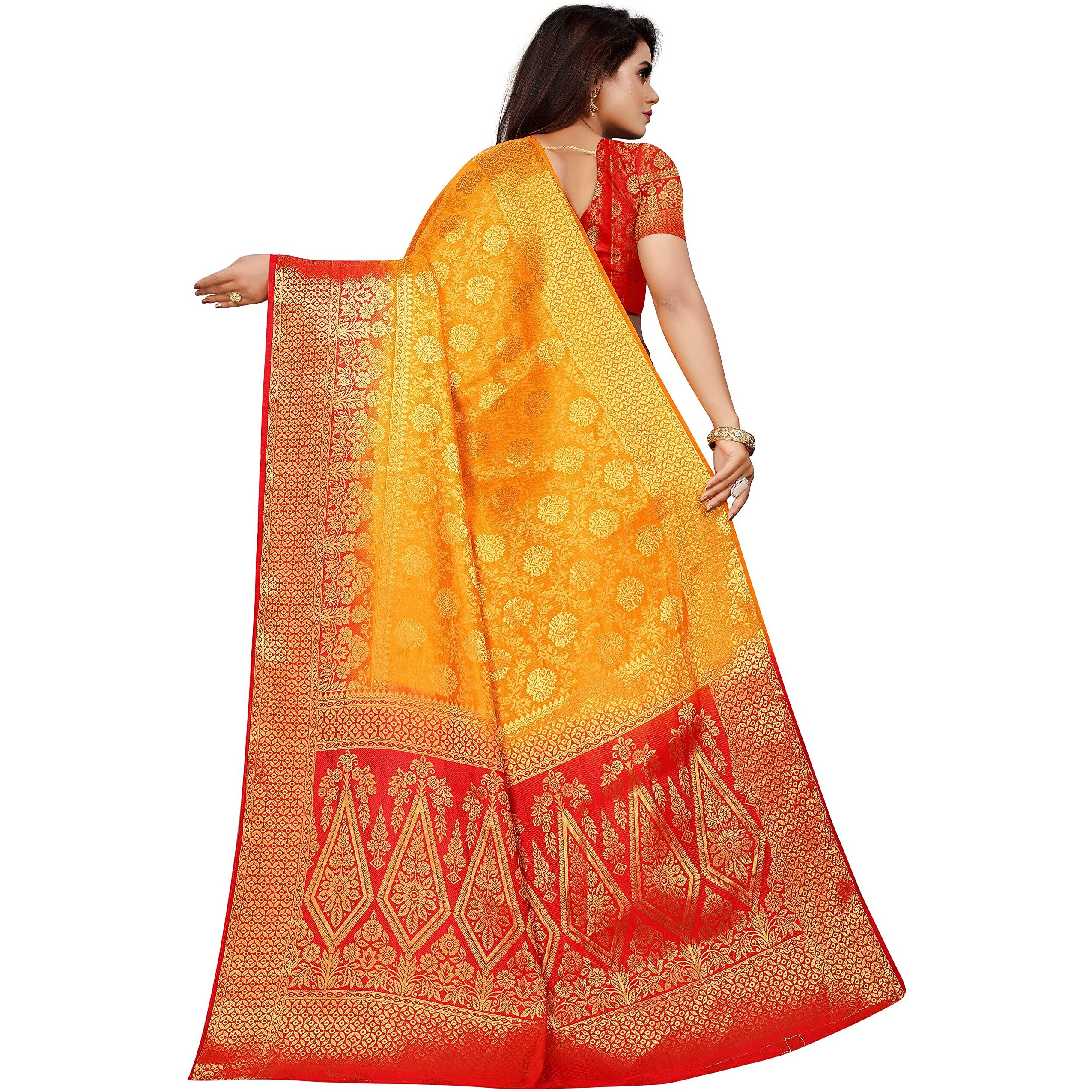 iZibra kanjivaram silk saree wedding cotton sarees for women Banarasi sadi original Kanchipuram pure sadi pattu sari with blouse piece 2023(Yellow)