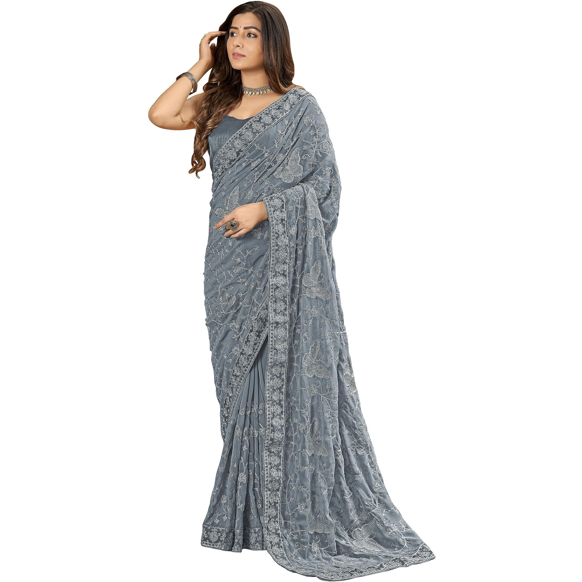 MANOHARI Georgette Embellished Grey sari for women with Blouse Piece