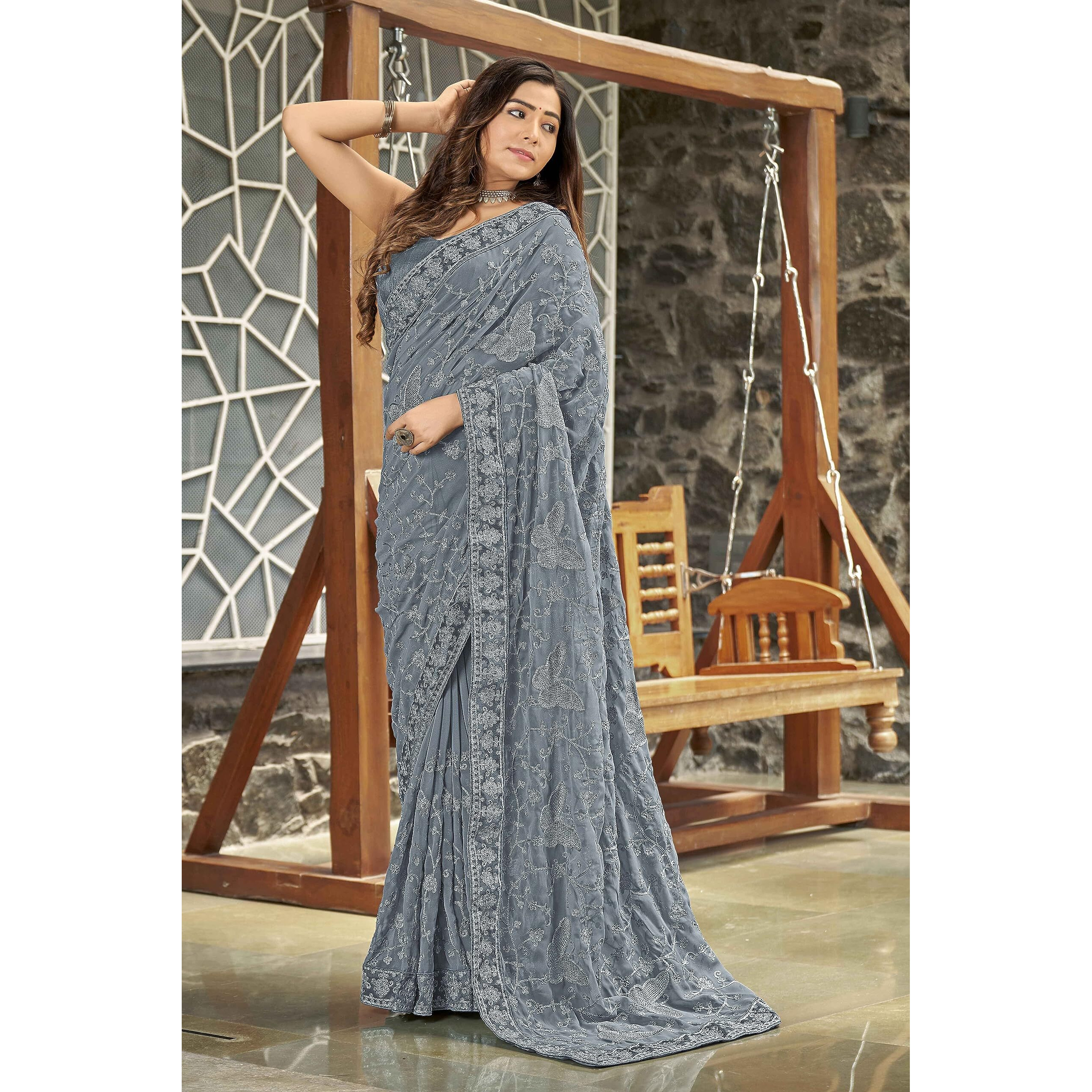 MANOHARI Georgette Embellished Grey sari for women with Blouse Piece