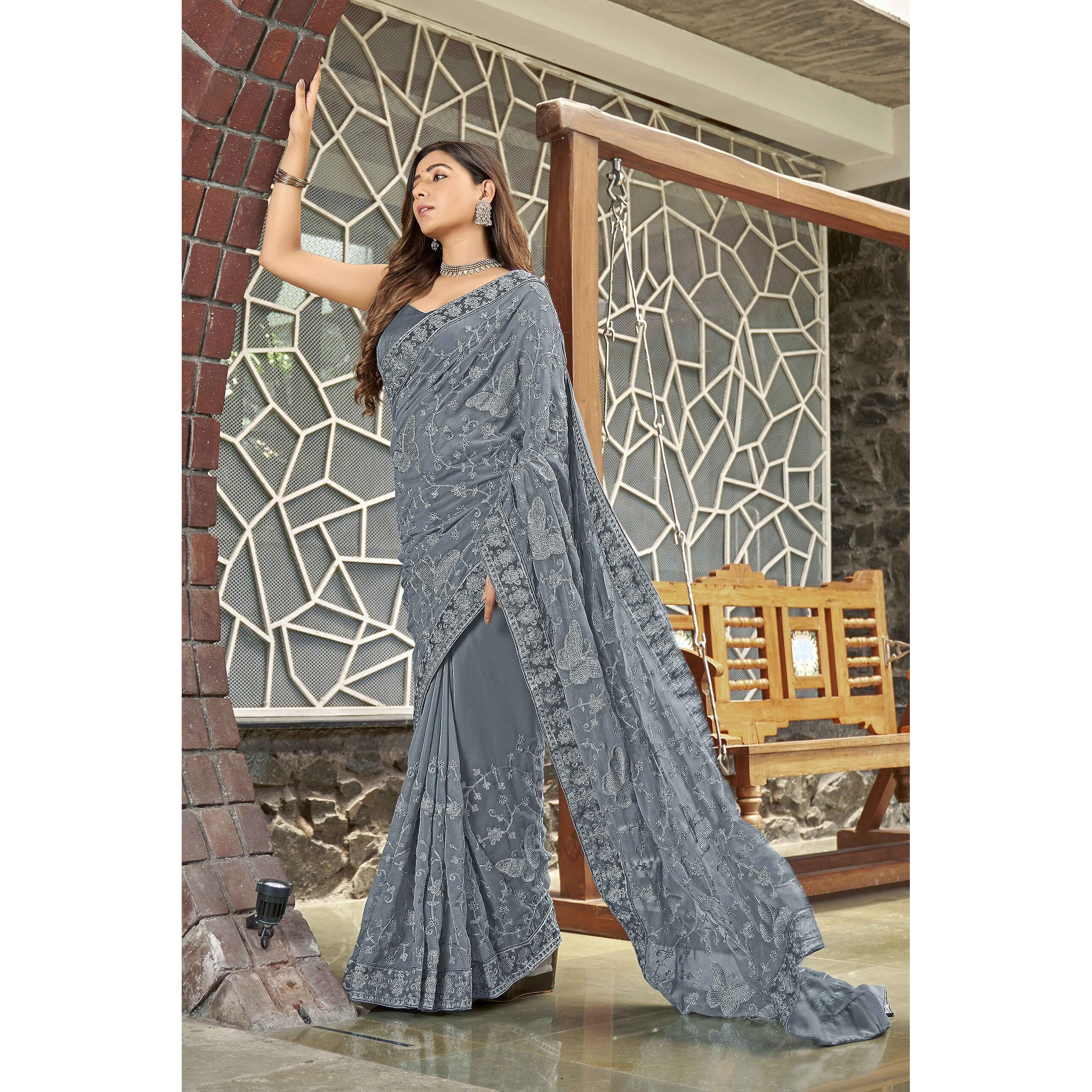 MANOHARI Georgette Embellished Grey sari for women with Blouse Piece