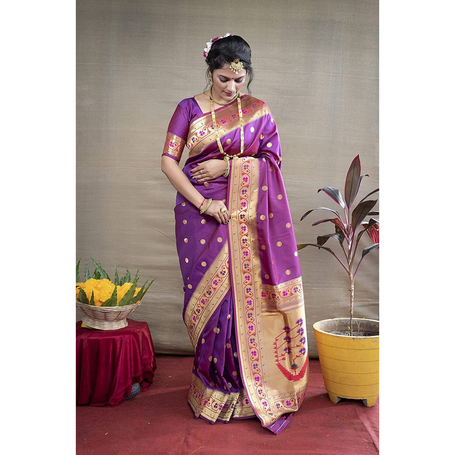 SGF11 Womens Paithani Kanjivaram Soft Silk Saree With Blouse Piece (Wine-Purple)