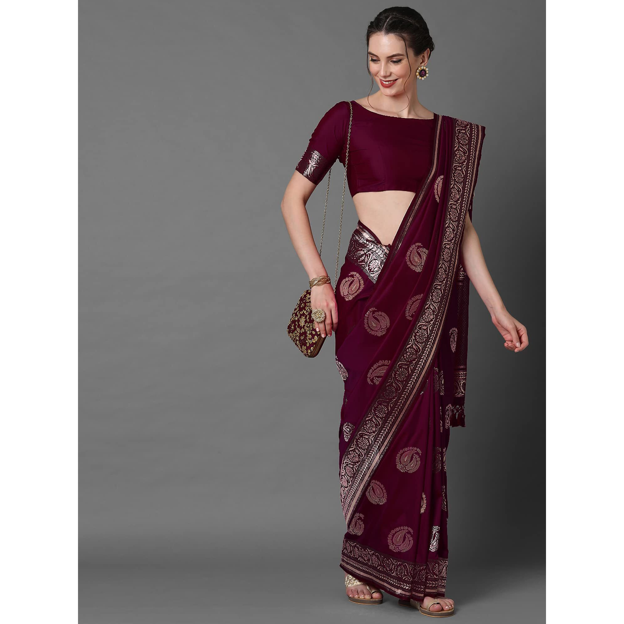 AKHILAM Womens Floral Silk Blend Woven Design Saree With Unstitched Blouse Piece (Magenta_3PAKHI5104C)