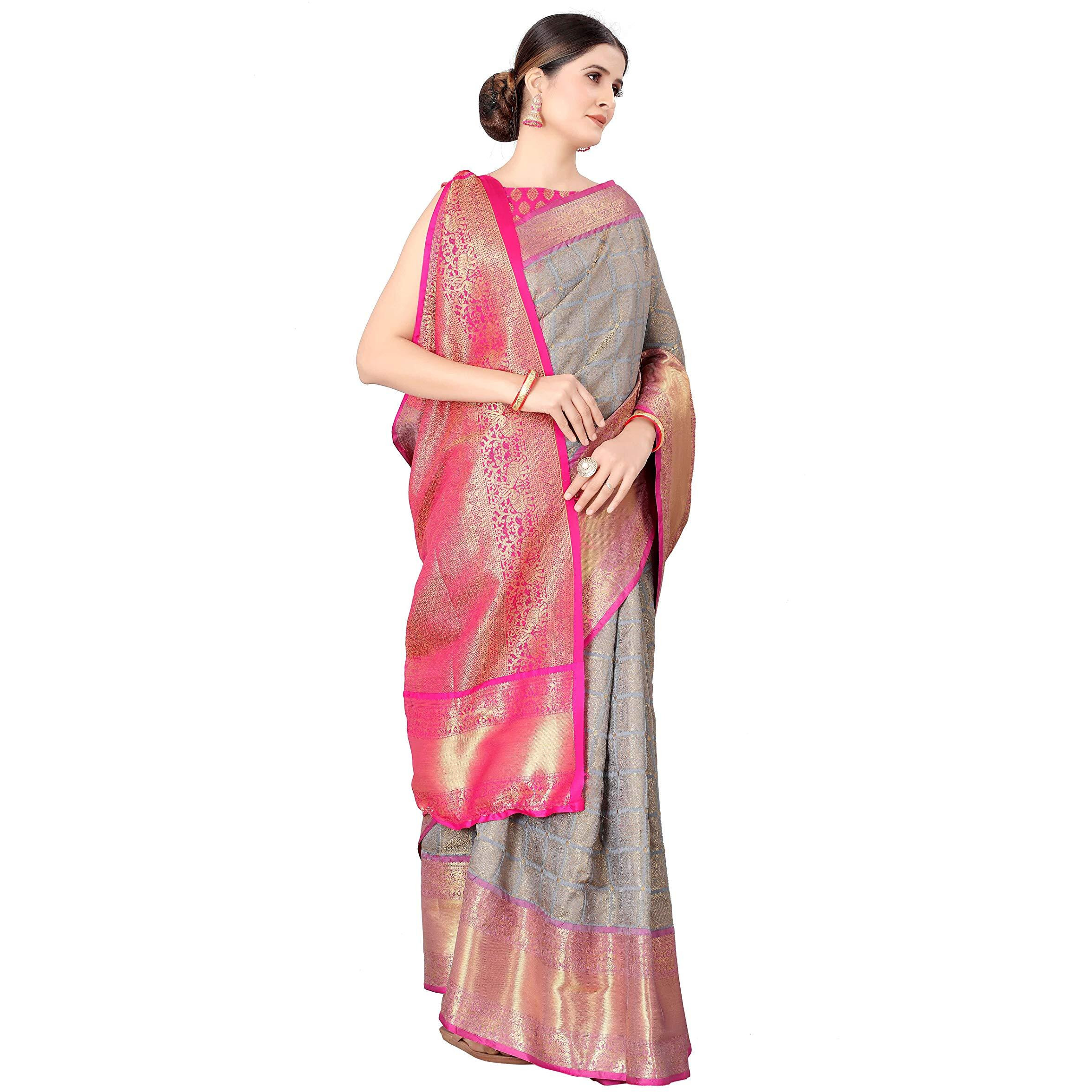 Enthone Womens Banarasi Silk Saree With Unstitched Blouse Piece(Grey)