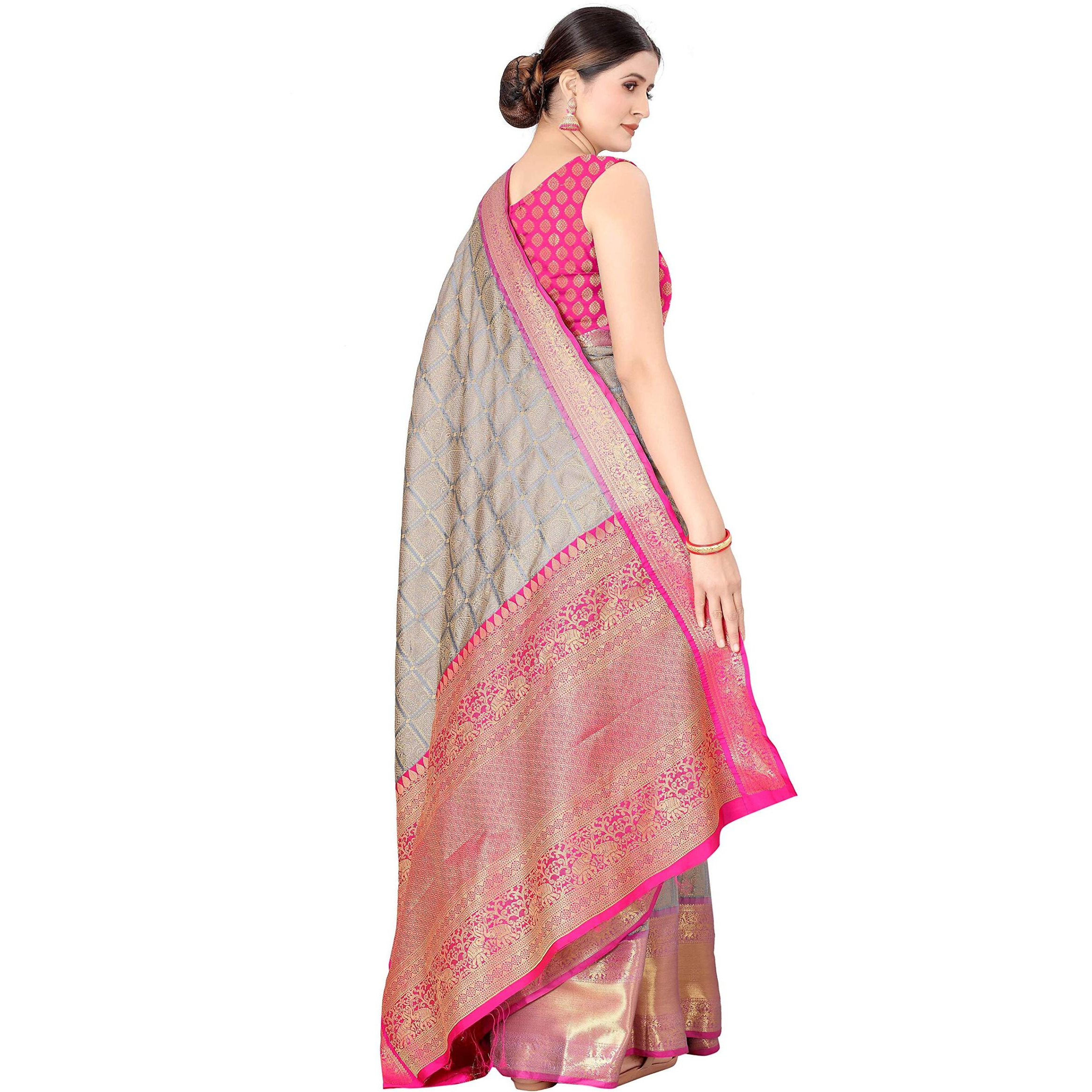 Enthone Womens Banarasi Silk Saree With Unstitched Blouse Piece(Grey)