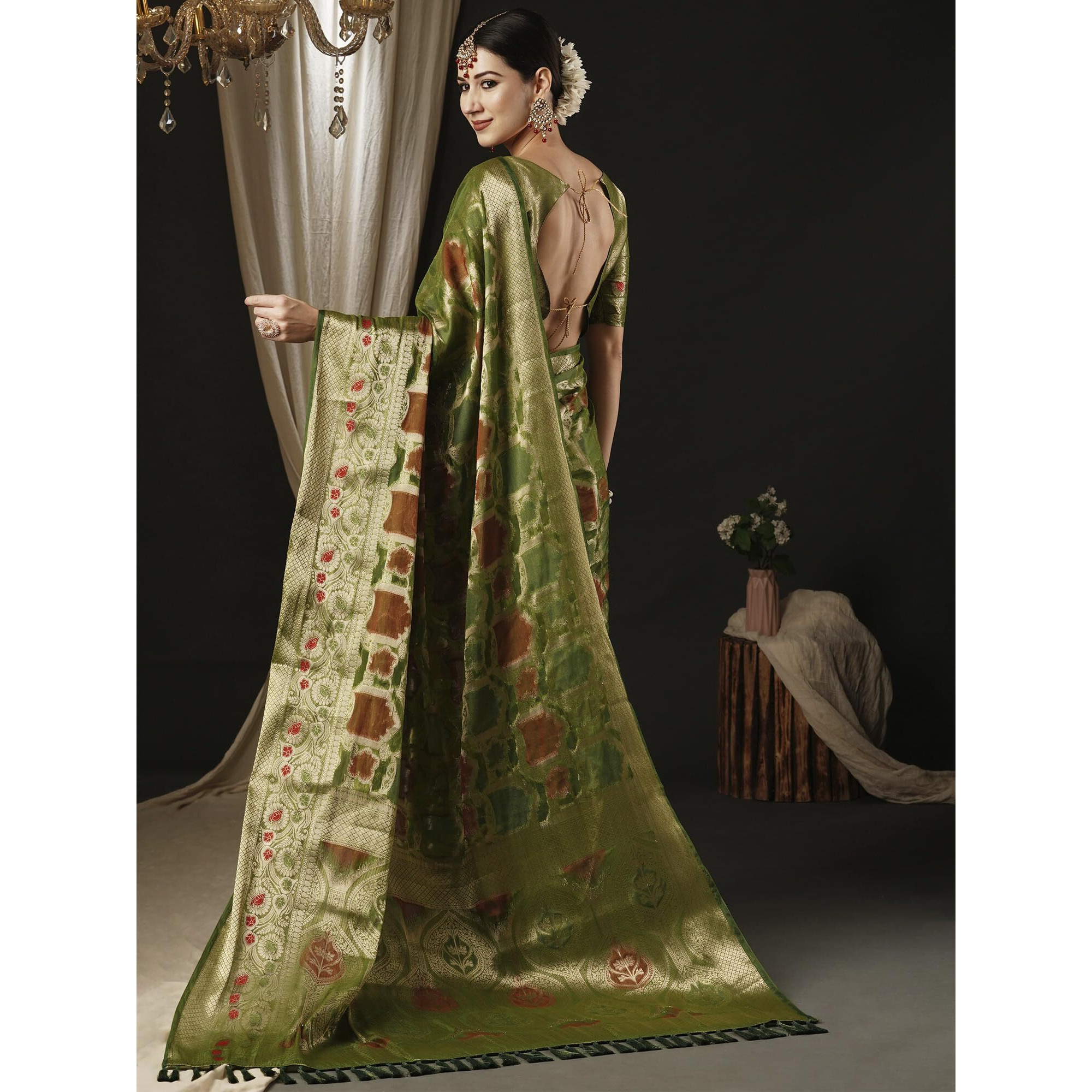 AKHILAM Womens Organza Ethnic Motif Woven Design Saree With Unstitched Blouse Piece(Olive_YARYA112H_HS)