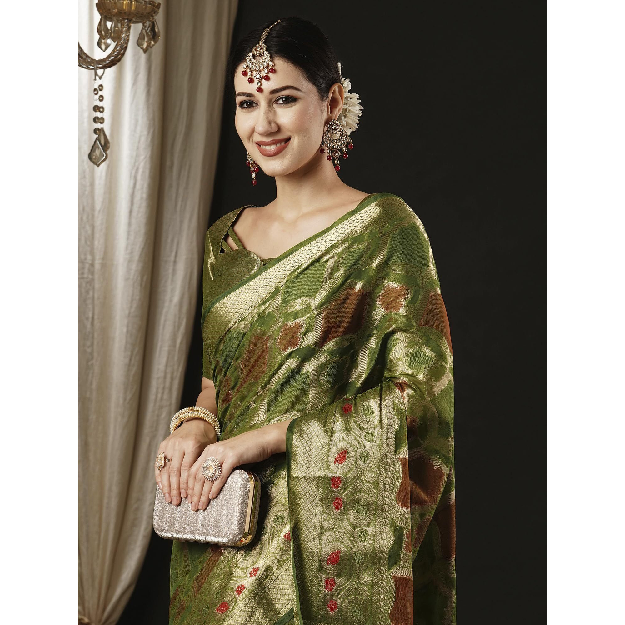 AKHILAM Womens Organza Ethnic Motif Woven Design Saree With Unstitched Blouse Piece(Olive_YARYA112H_HS)