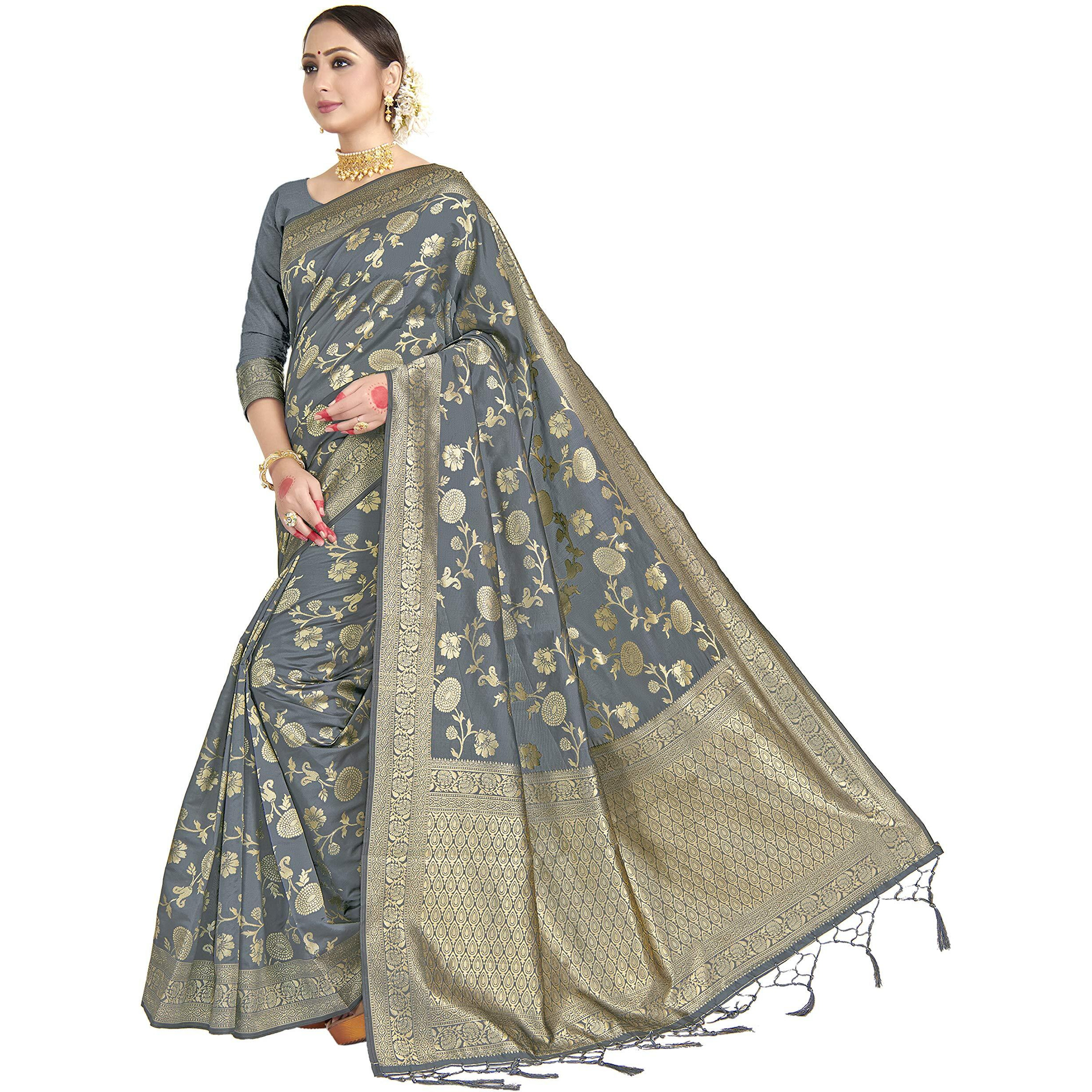 Vardha Womens Banarasi Art Silk Saree with Unstitched Blouse Piece - Zari Woven Work Sarees for Wedding (Paneri, 25, Grey)