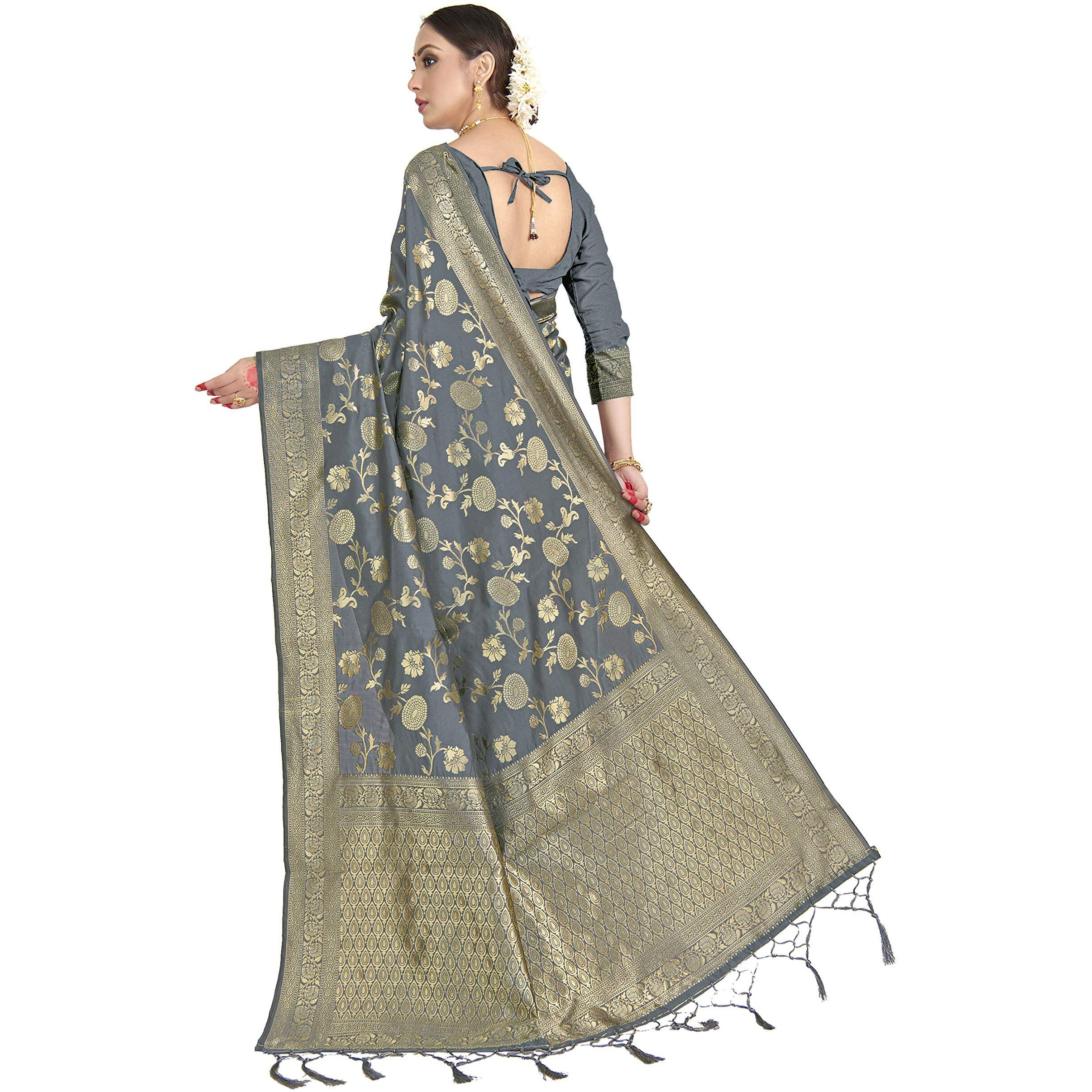 Vardha Womens Banarasi Art Silk Saree with Unstitched Blouse Piece - Zari Woven Work Sarees for Wedding (Paneri, 25, Grey)