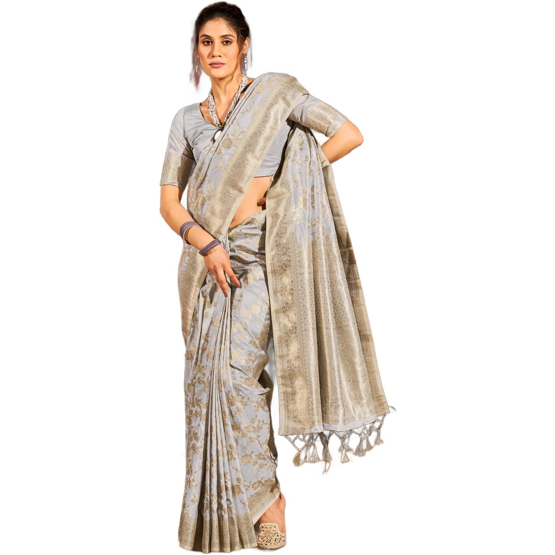 SWORNOF Womens Lichi Soft Silk Saree With Unstitched Blouse Piece (GREY)