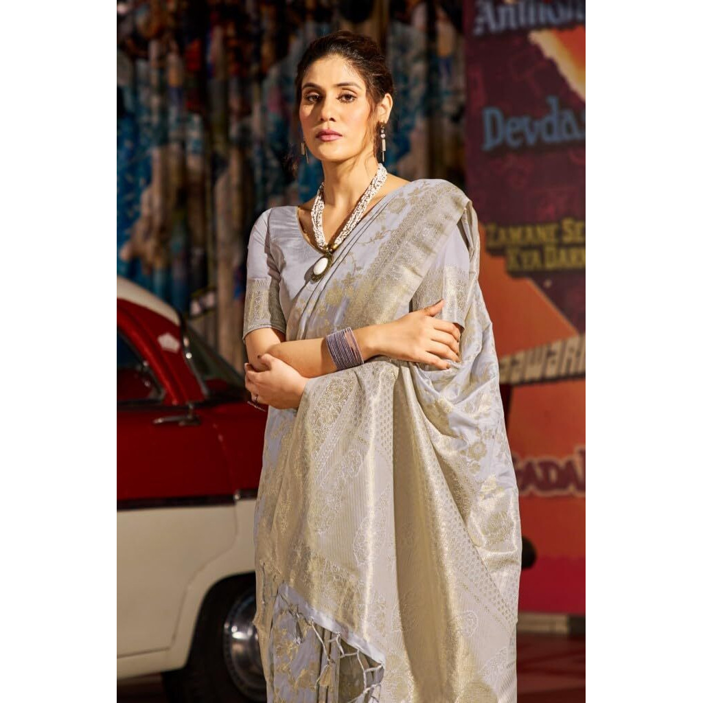 SWORNOF Womens Lichi Soft Silk Saree With Unstitched Blouse Piece (GREY)