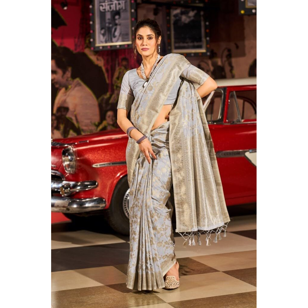 SWORNOF Womens Lichi Soft Silk Saree With Unstitched Blouse Piece (GREY)