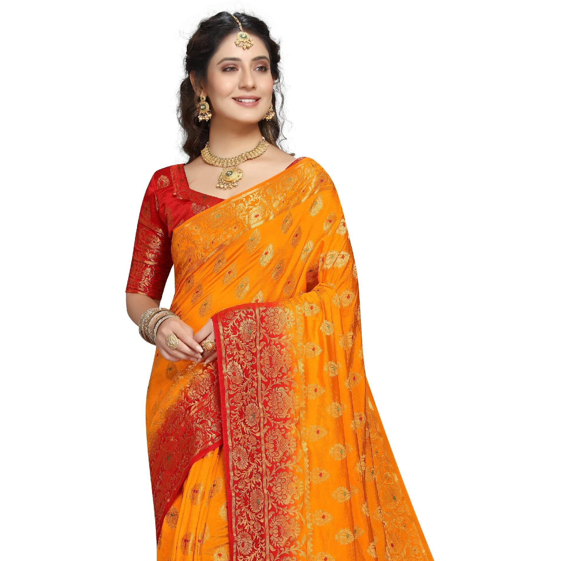 iZibra kanjivaram silk saree wedding cotton sarees for women Banarasi sadi original Kanchipuram pure sadi pattu sari with blouse piece 2023 Kalash (Yellow)