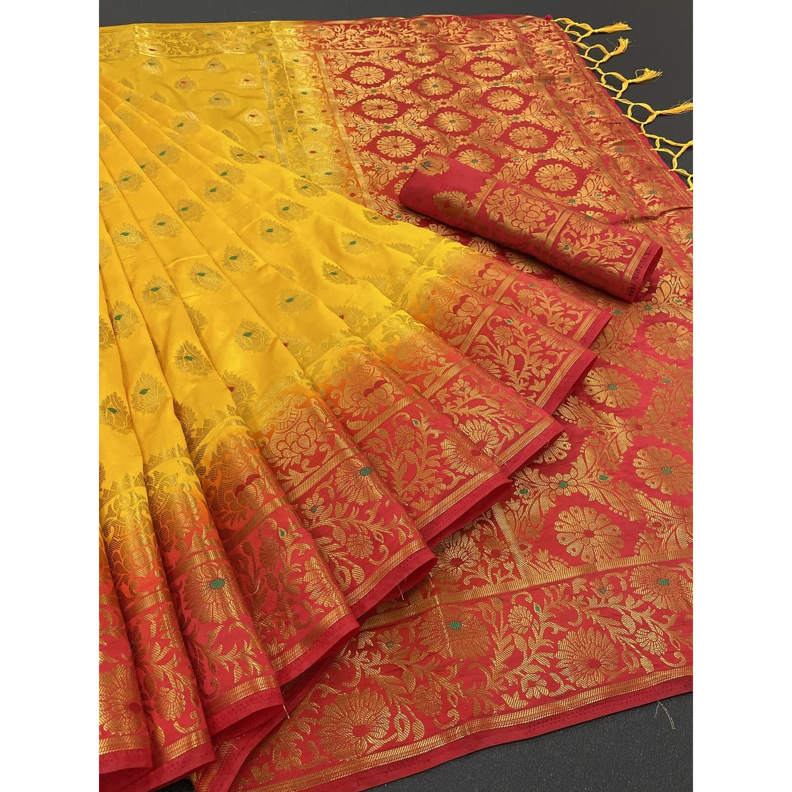 iZibra kanjivaram silk saree wedding cotton sarees for women Banarasi sadi original Kanchipuram pure sadi pattu sari with blouse piece 2023 Kalash (Yellow)