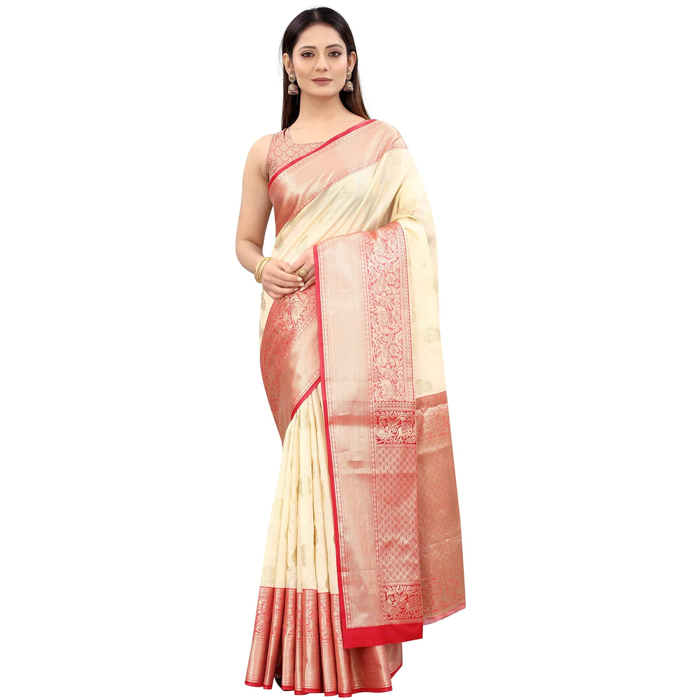 Enthone Womens Heavy Banarasi Art Silk Saree With Unstitched Blouse Piece(White)