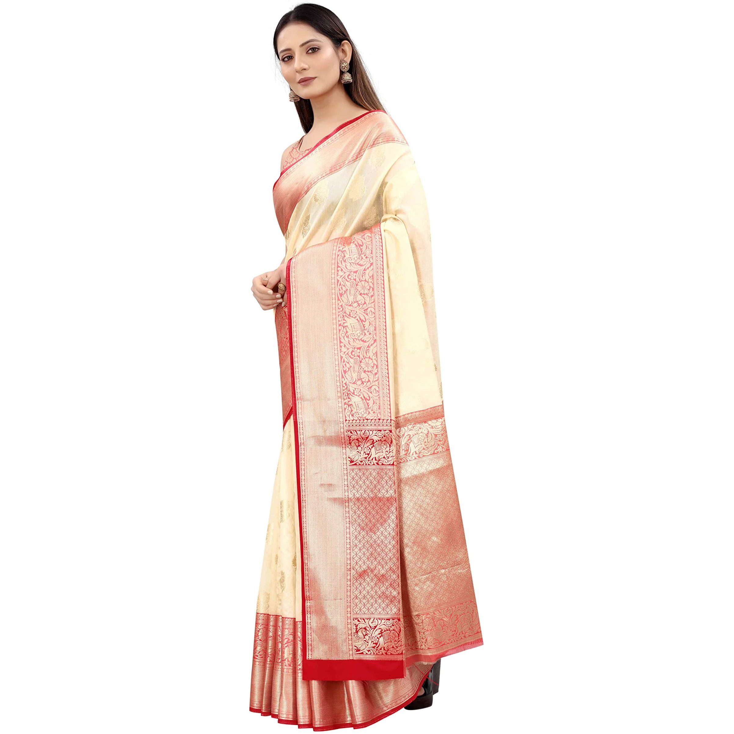 Enthone Womens Heavy Banarasi Art Silk Saree With Unstitched Blouse Piece(White)