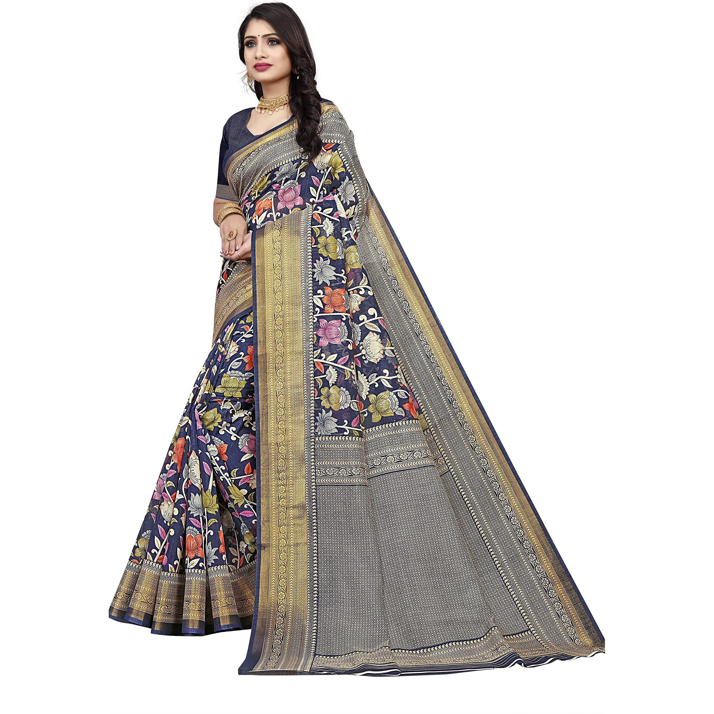 Vimla Womens Multicolord Khadi Cotton Printed Saree with Blouse Piece(Crystal 12)