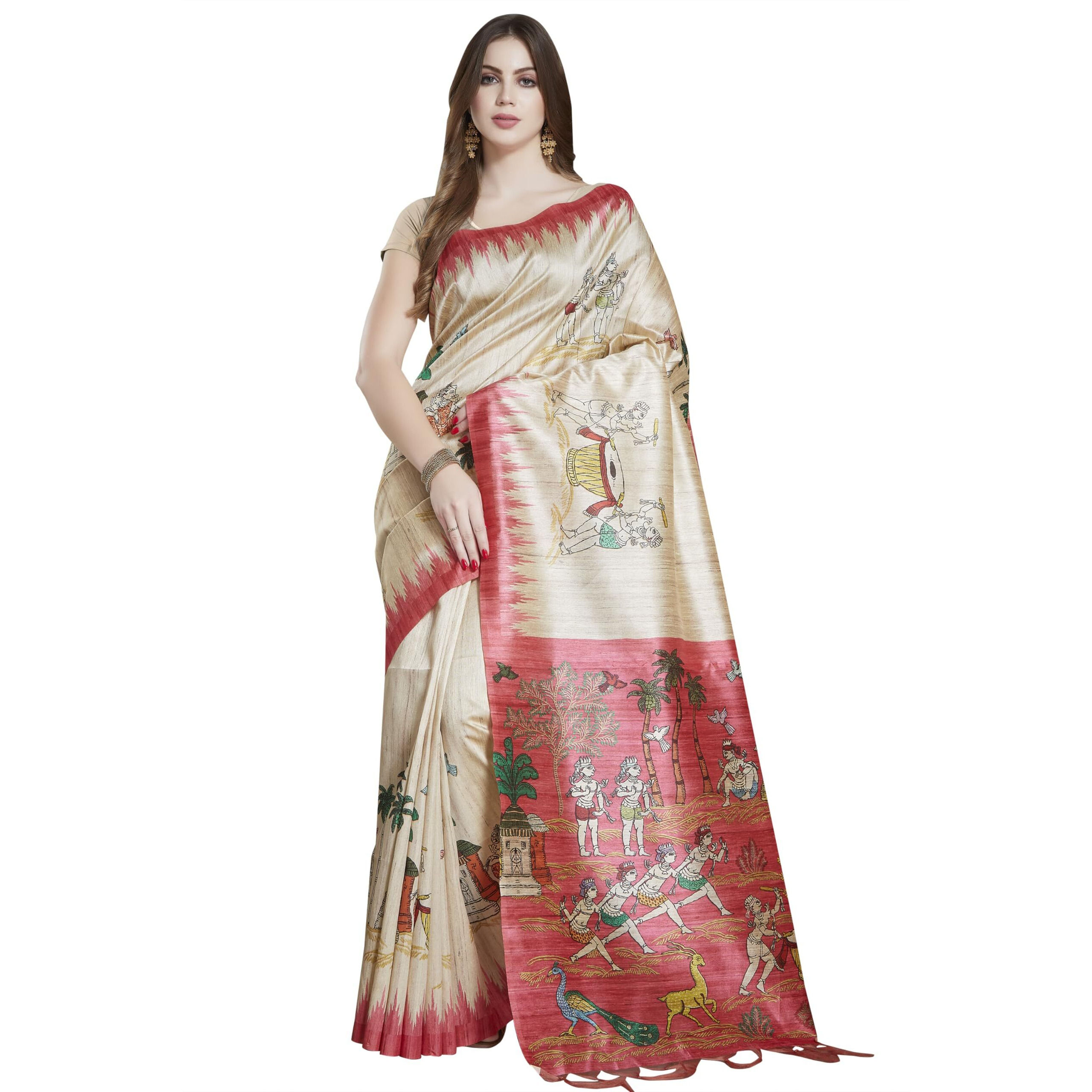 RANI SAAHIBA Womens Printed Art Tussar Silk Madhubani Saree With Blouse Piece (SKR11610_Beige - Pink)