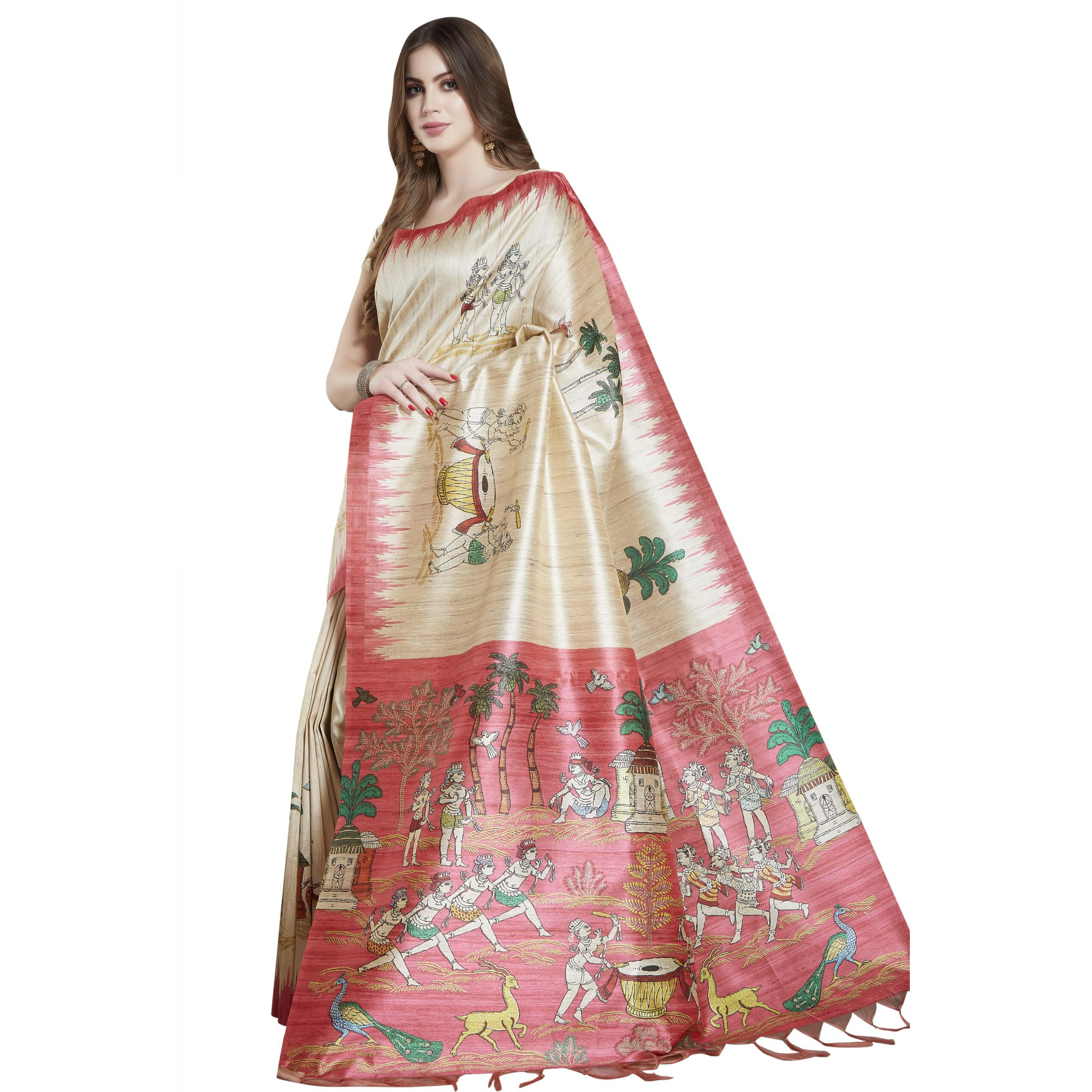 RANI SAAHIBA Womens Printed Art Tussar Silk Madhubani Saree With Blouse Piece (SKR11610_Beige - Pink)