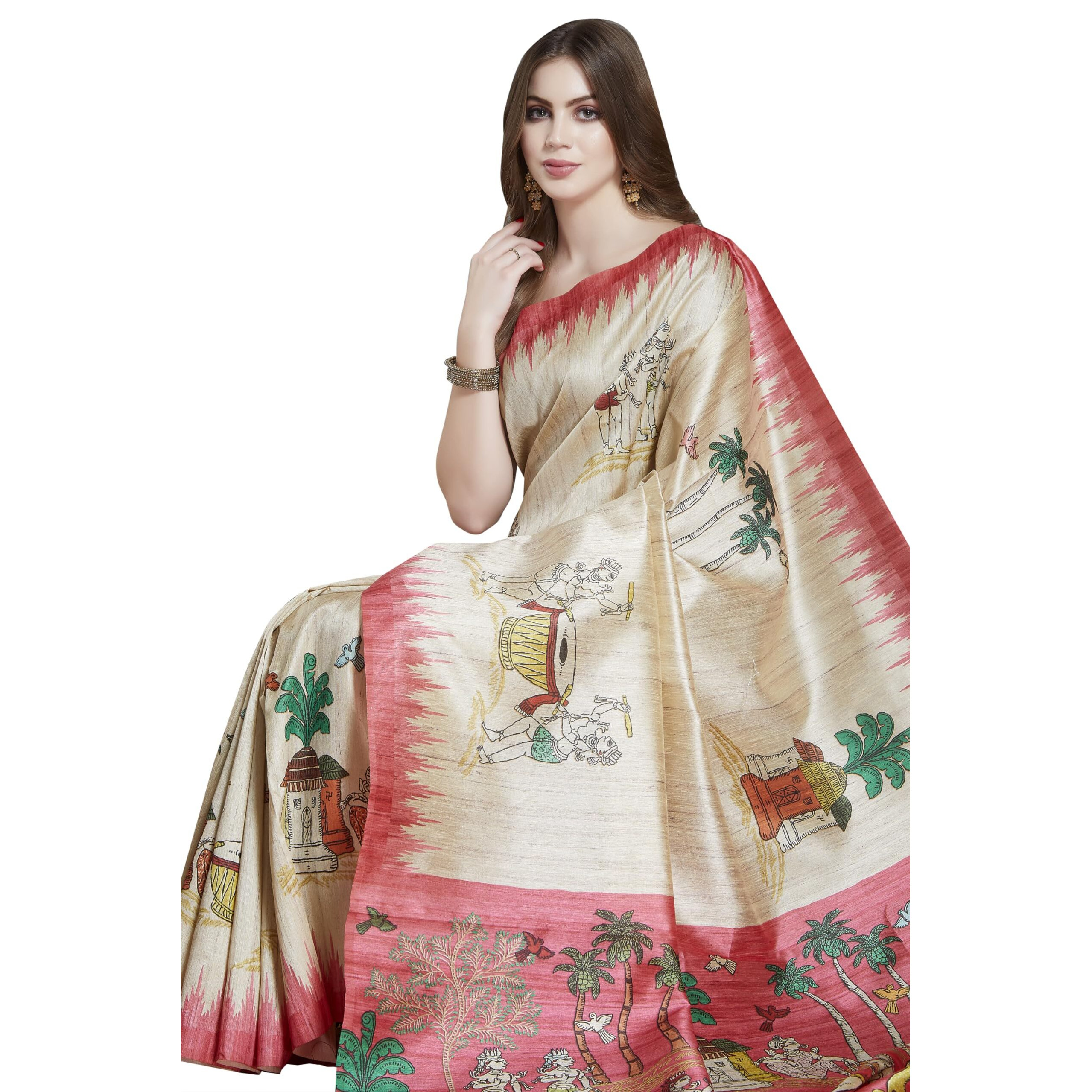 RANI SAAHIBA Womens Printed Art Tussar Silk Madhubani Saree With Blouse Piece (SKR11610_Beige - Pink)