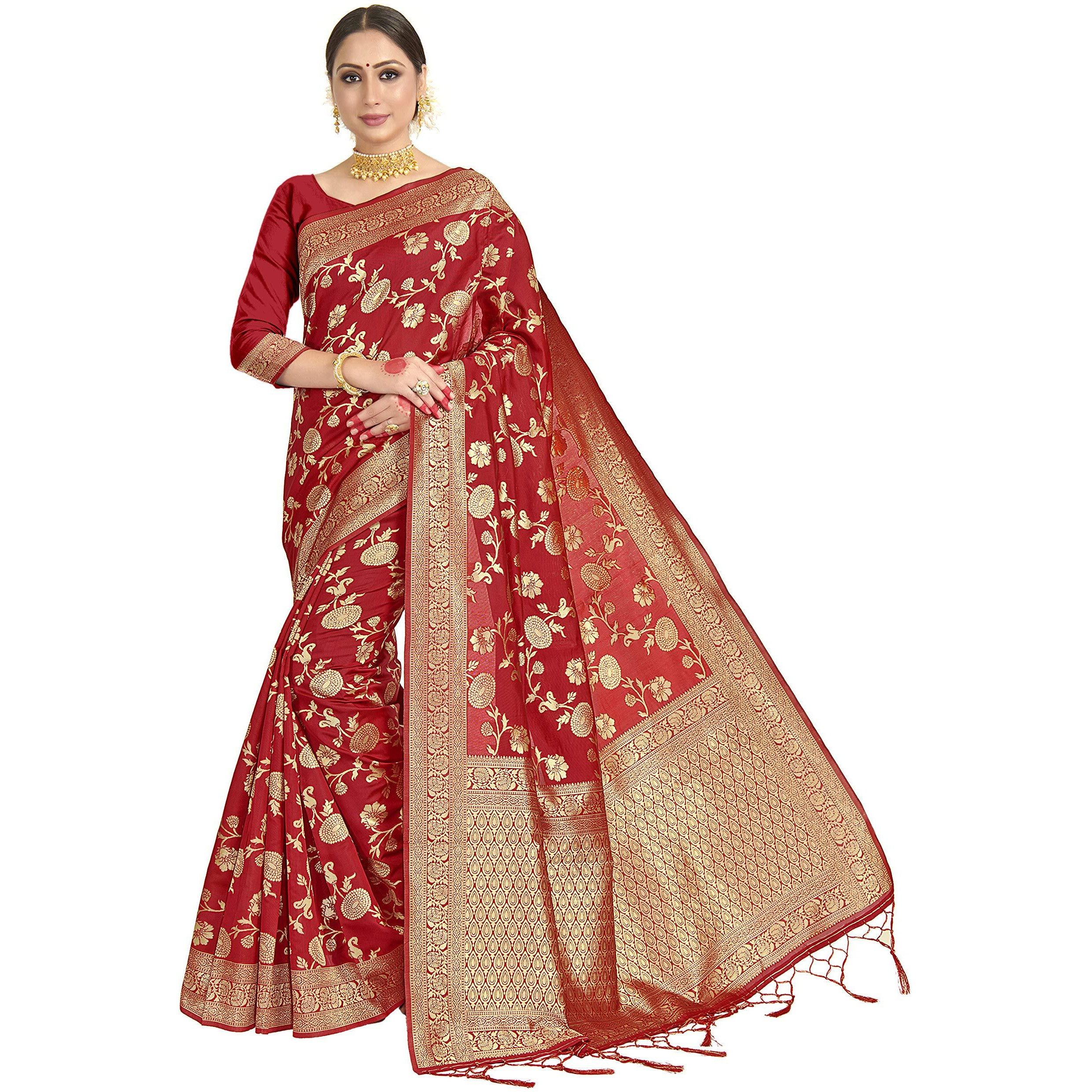 Vardha Womens Banarasi Art Silk Saree with Unstitched Blouse Piece - Zari Woven Work Sarees for Wedding (Paneri, 33, Red)